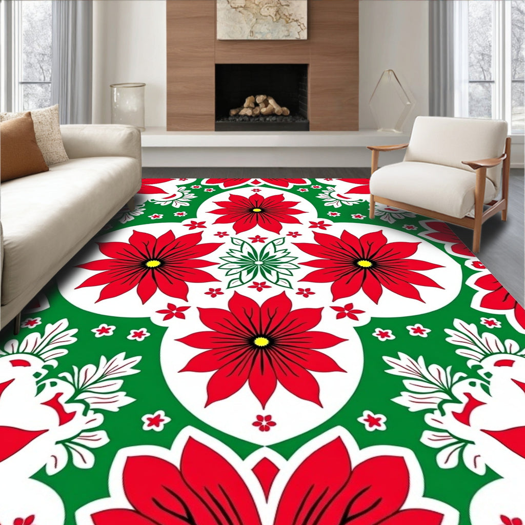 Vibrant Red Floral Medallion With Green Rug