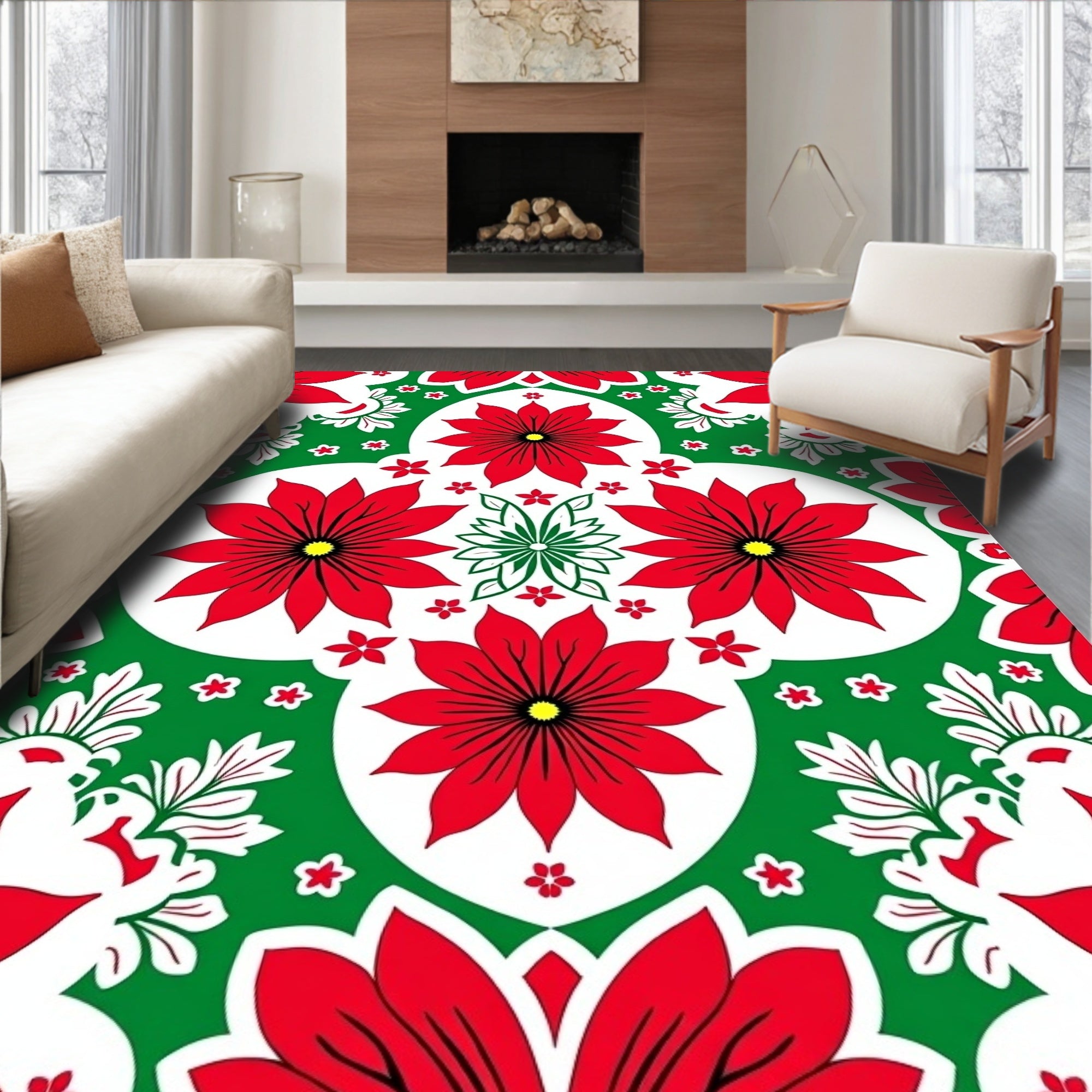 Vibrant Red Floral Medallion With Green Rug