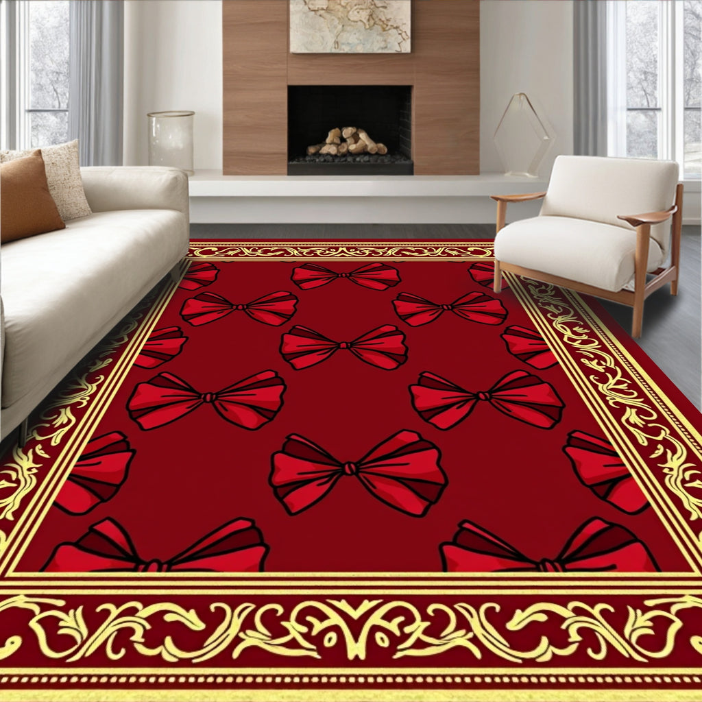 Classic Red Bow Motif Border Rug