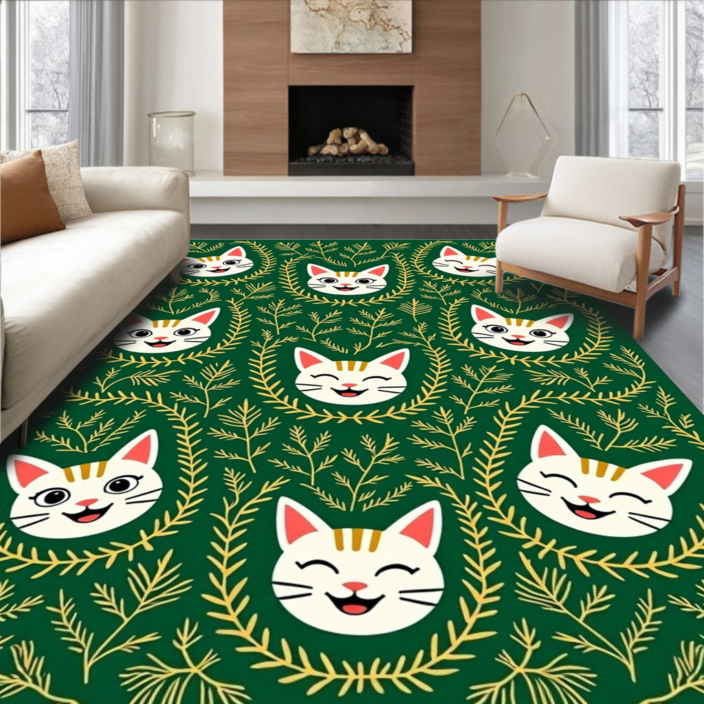 Whimsical Cat Faces Emerald Foliage Rug