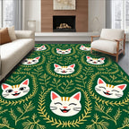 Whimsical Cat Faces Emerald Foliage Rug