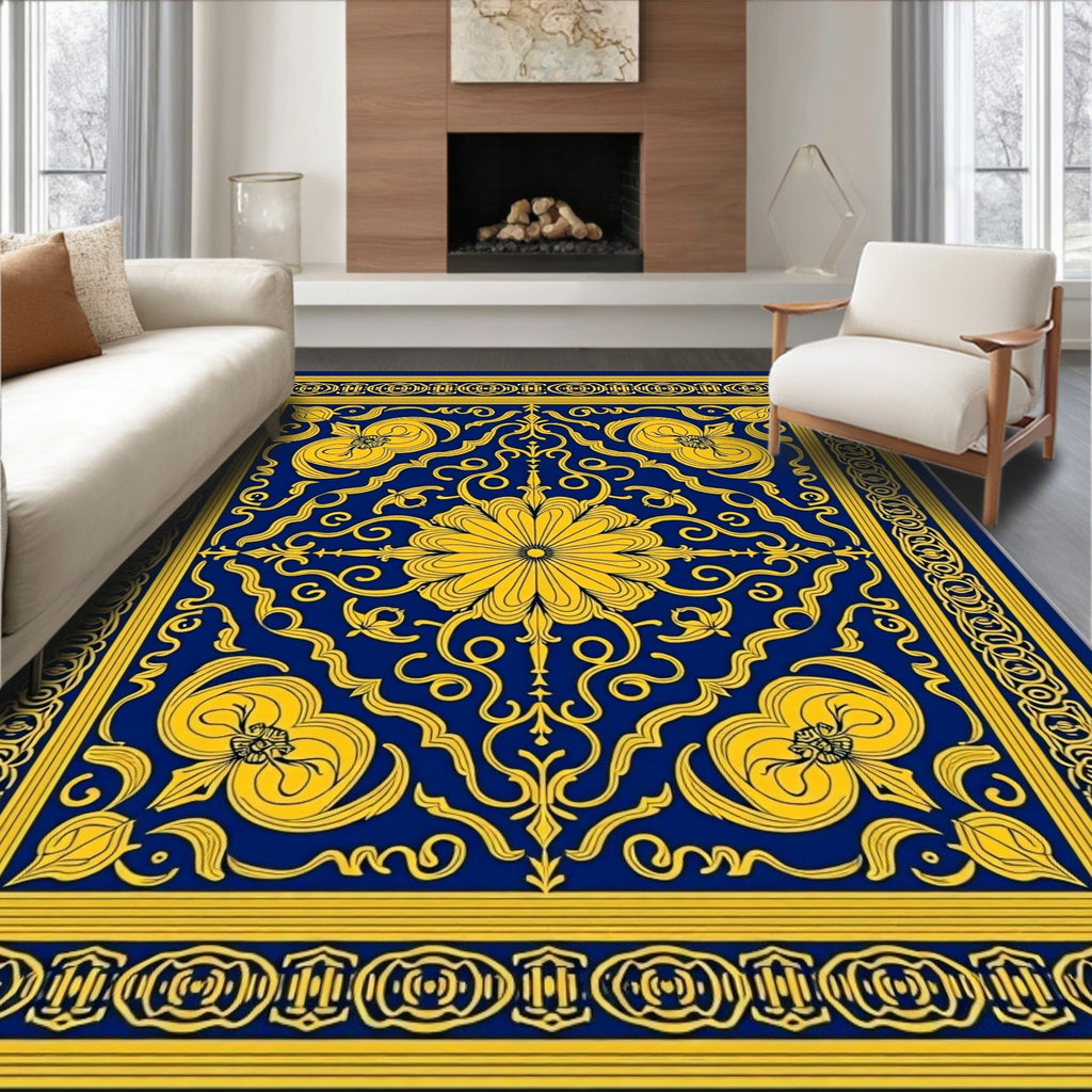 Royal Blue Yellow Floral Scroll Mandate Rug