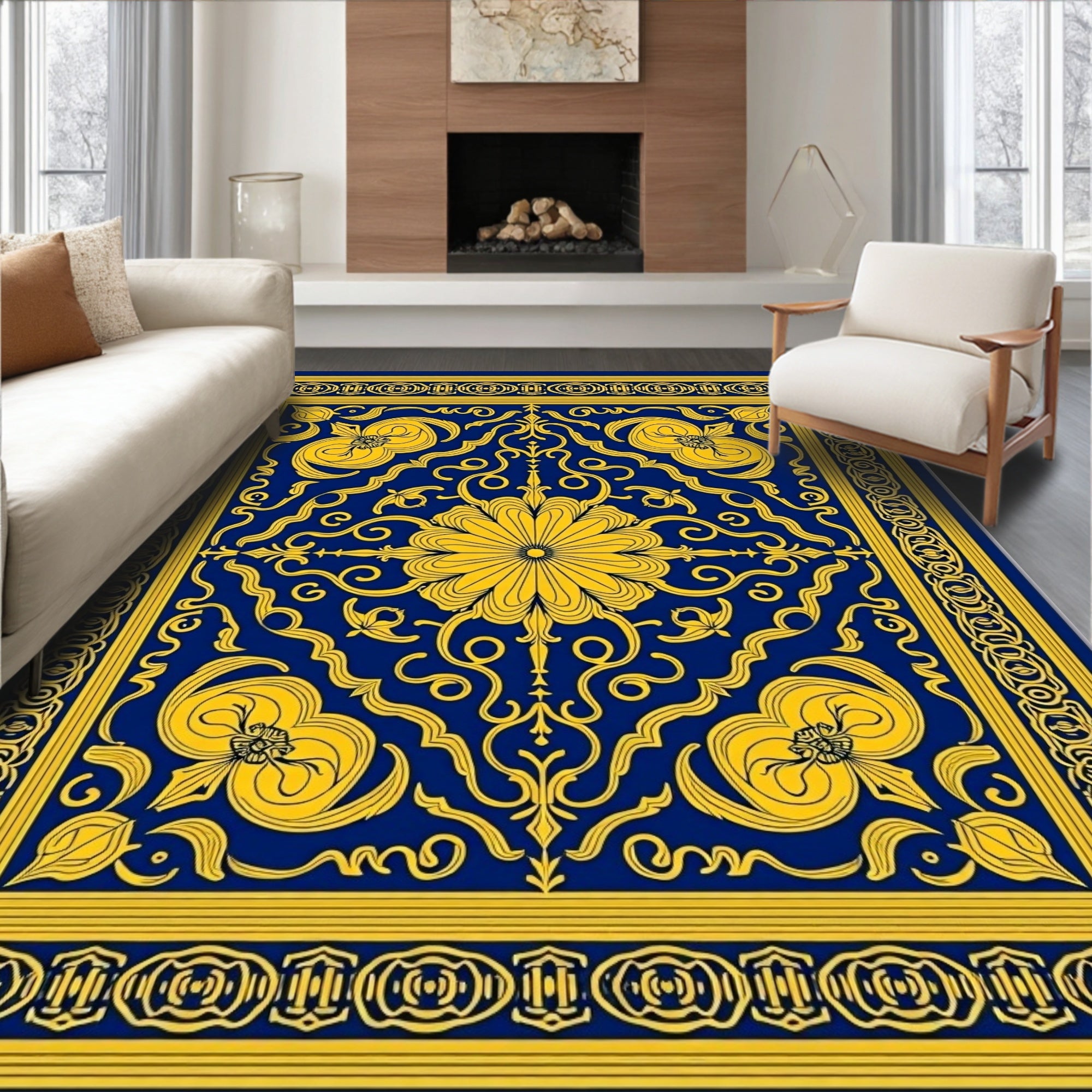 Royal Blue Yellow Floral Scroll Mandate Rug