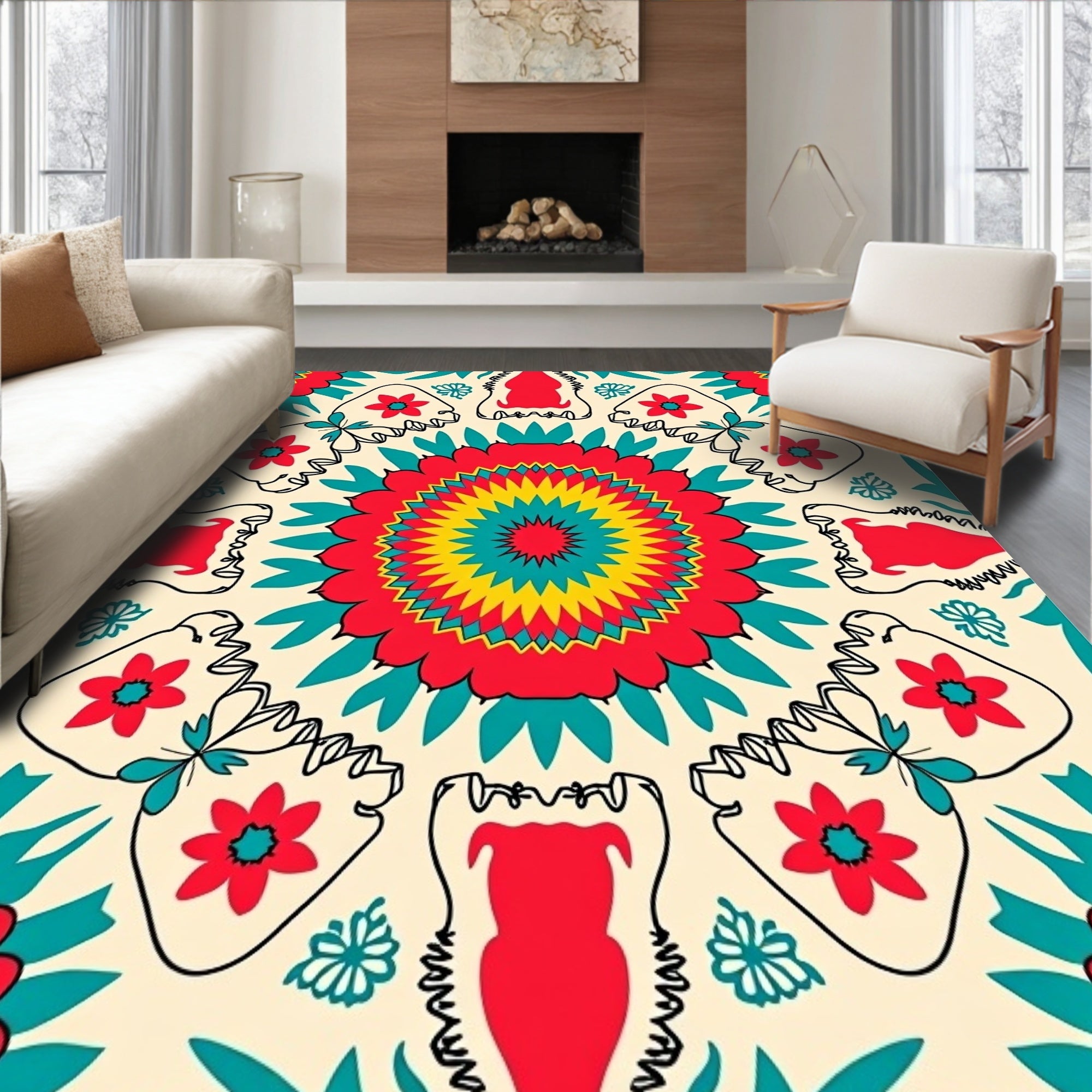 Bold Red Yellow Teal Sunburst Rug