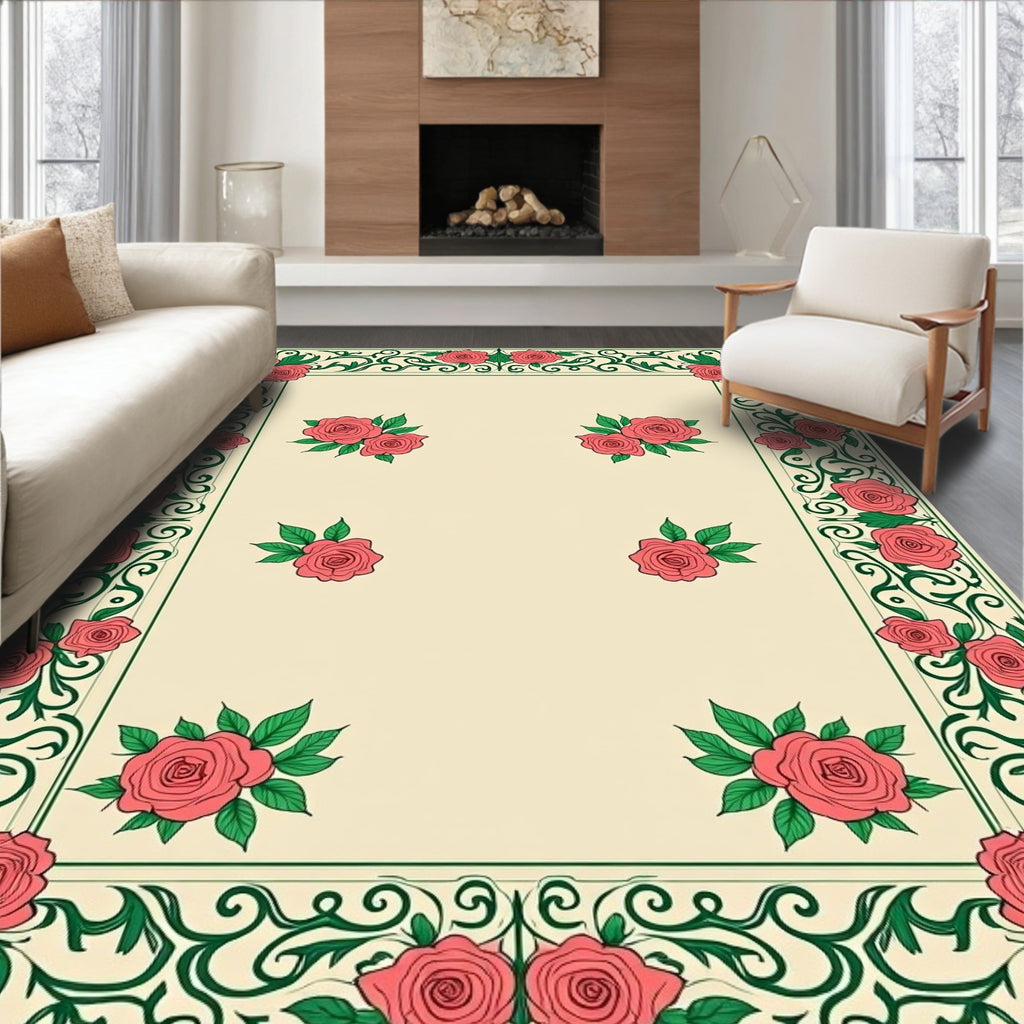 Coral Roses and Vine Border Rug