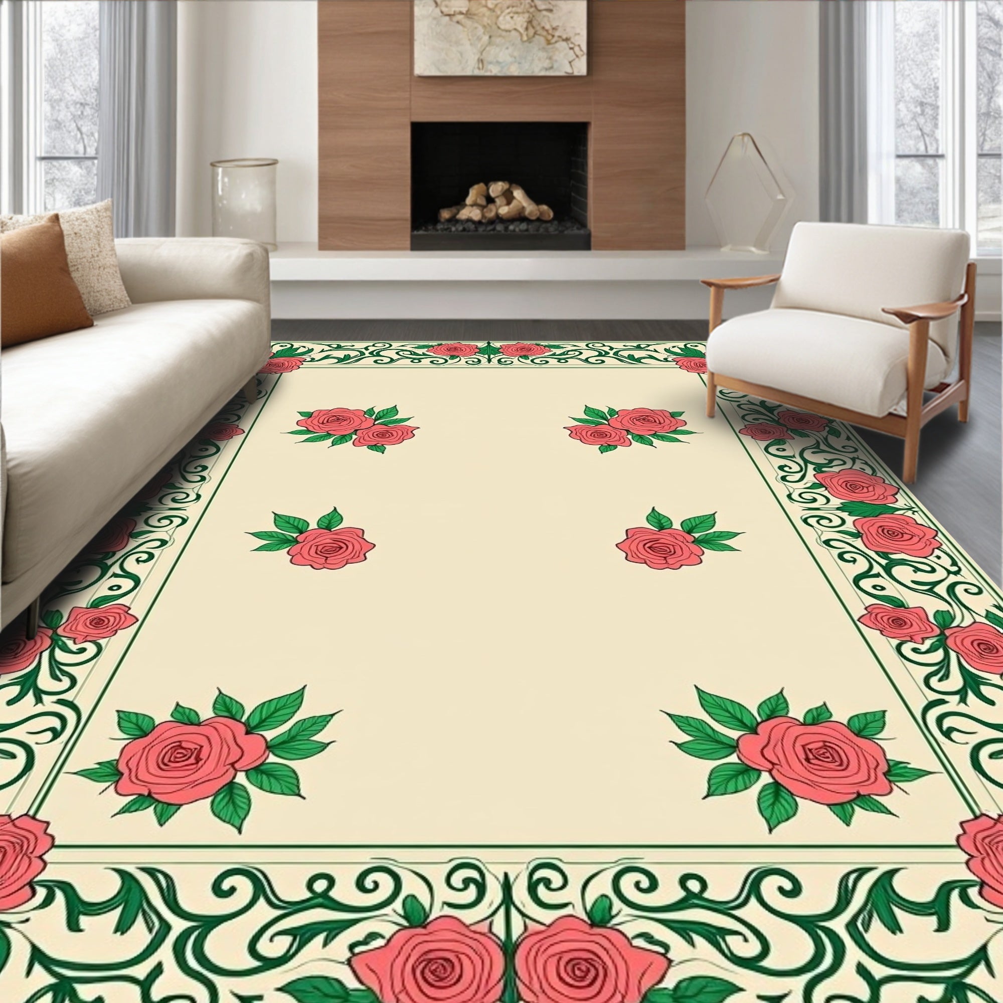 Coral Roses and Vine Border Rug