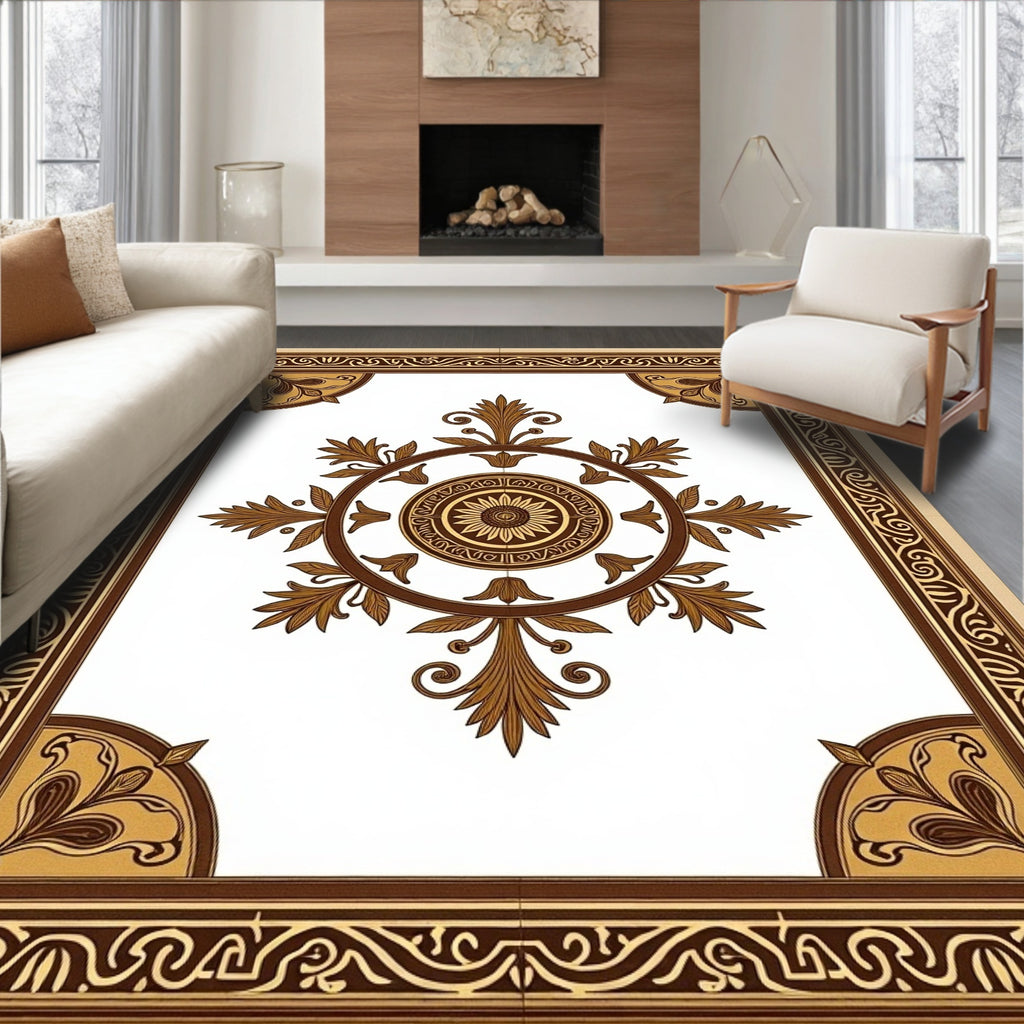 Brown Golden Antique Medallion Border Rug