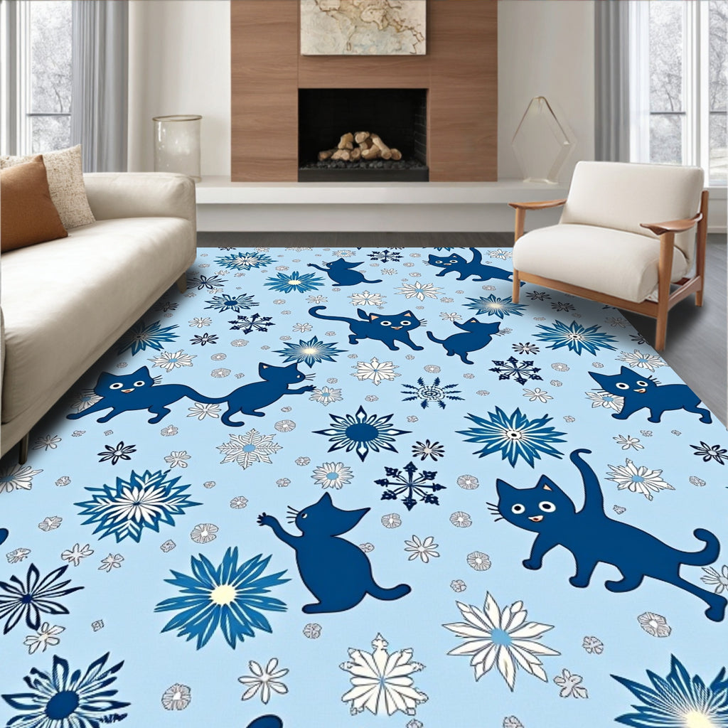 Playful Blue Cats Snowflakes Background Rug