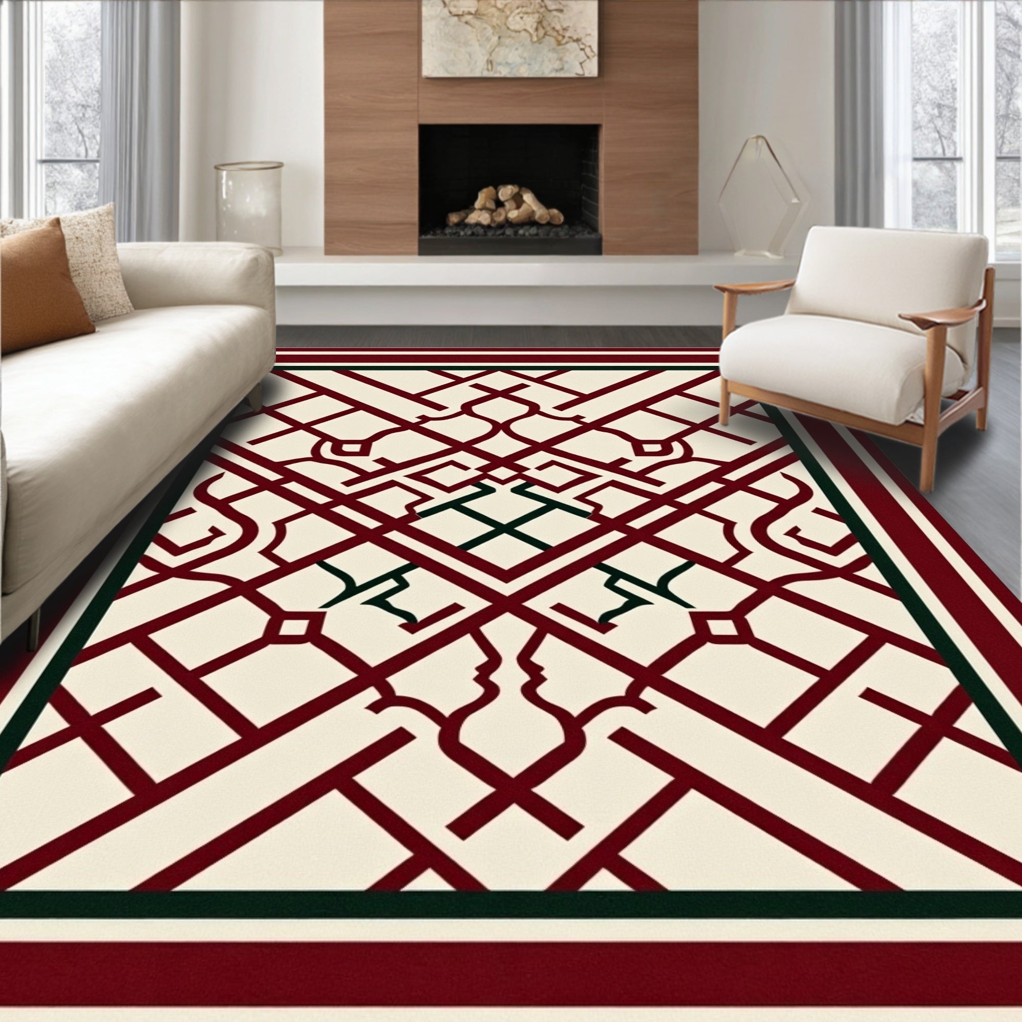 Crimson Lattice Arabesque Geometric Rug