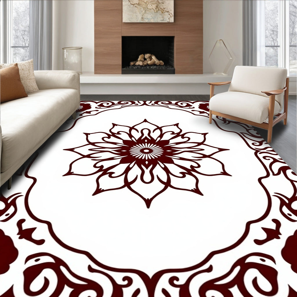 Deep Red Floral Medallion Frame Rug