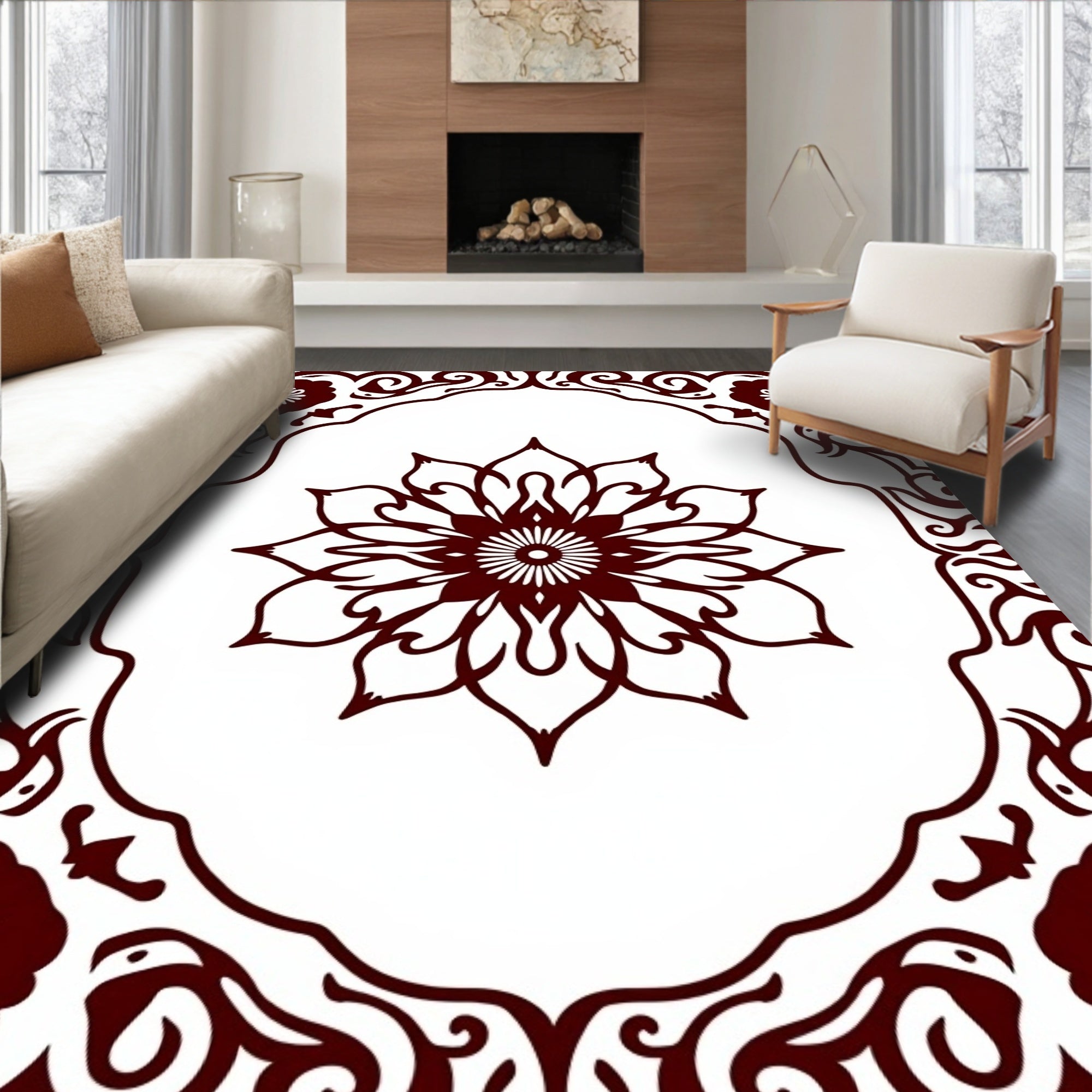 Deep Red Floral Medallion Frame Rug