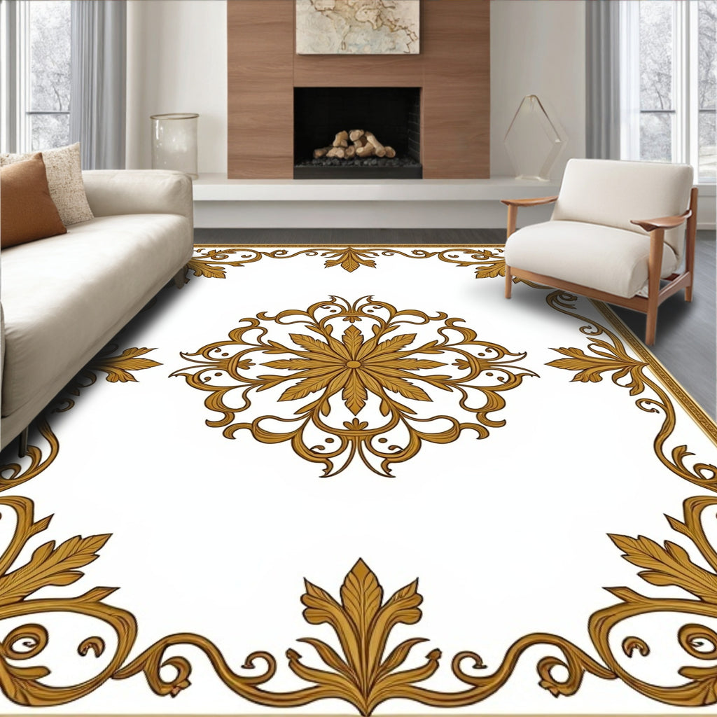 Golden Floral Medallion Scrollwork Frame Rug