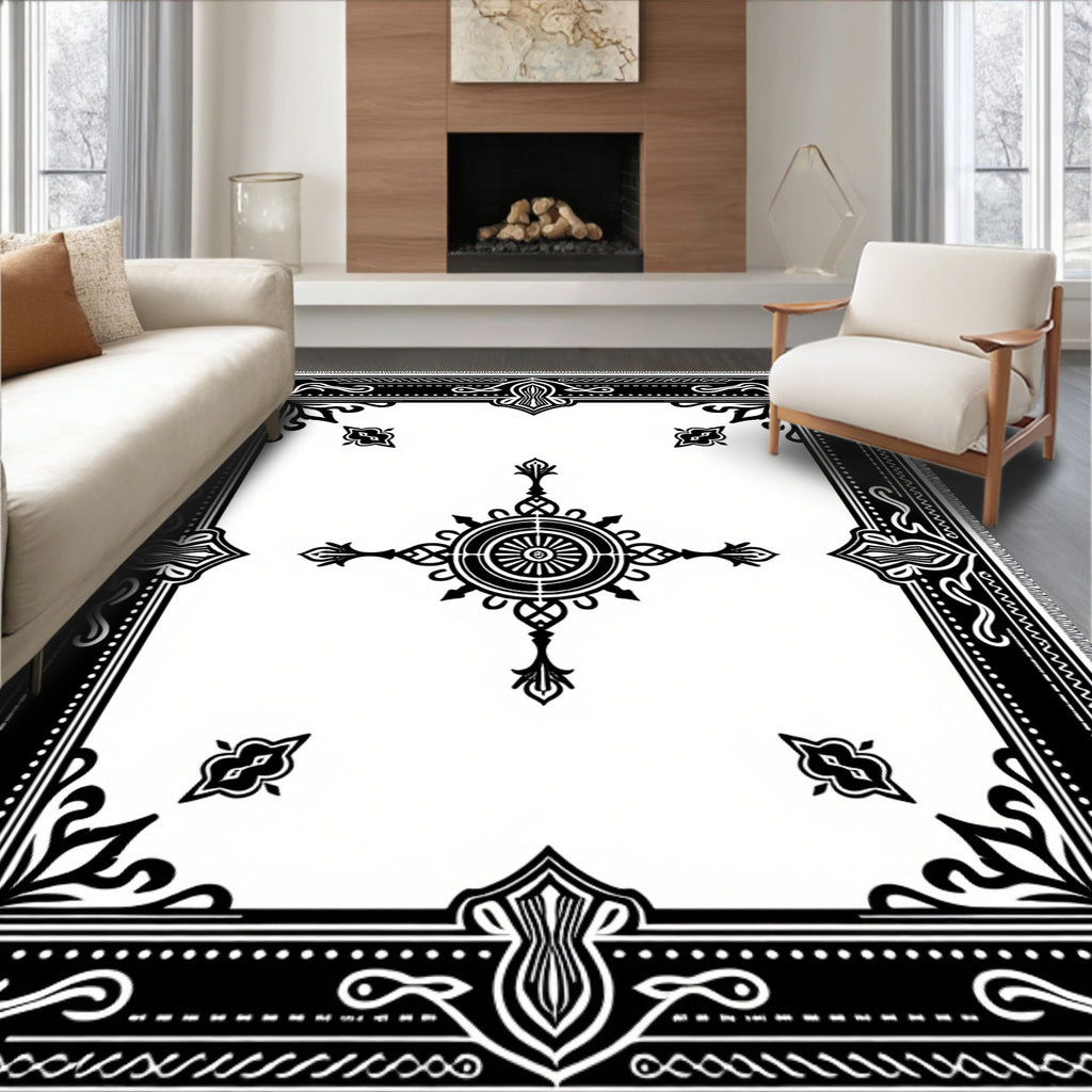 Ornate Black and White Medallion Rug