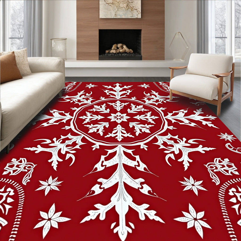 Crimson Snowflake Mandala Medallion Rug