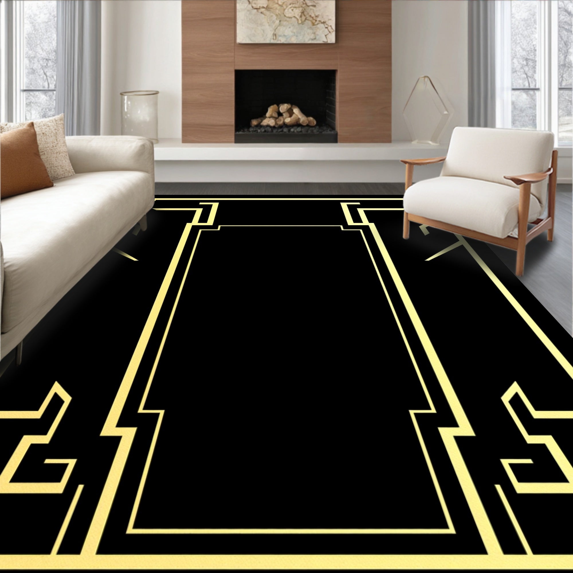 Elegant Gold Rectangular Art Deco Frame Rug