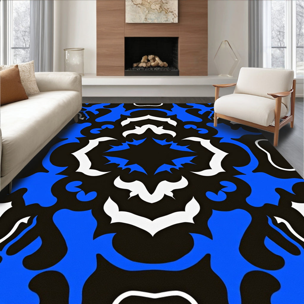 Bold Blue White Symmetrical Scroll Rug