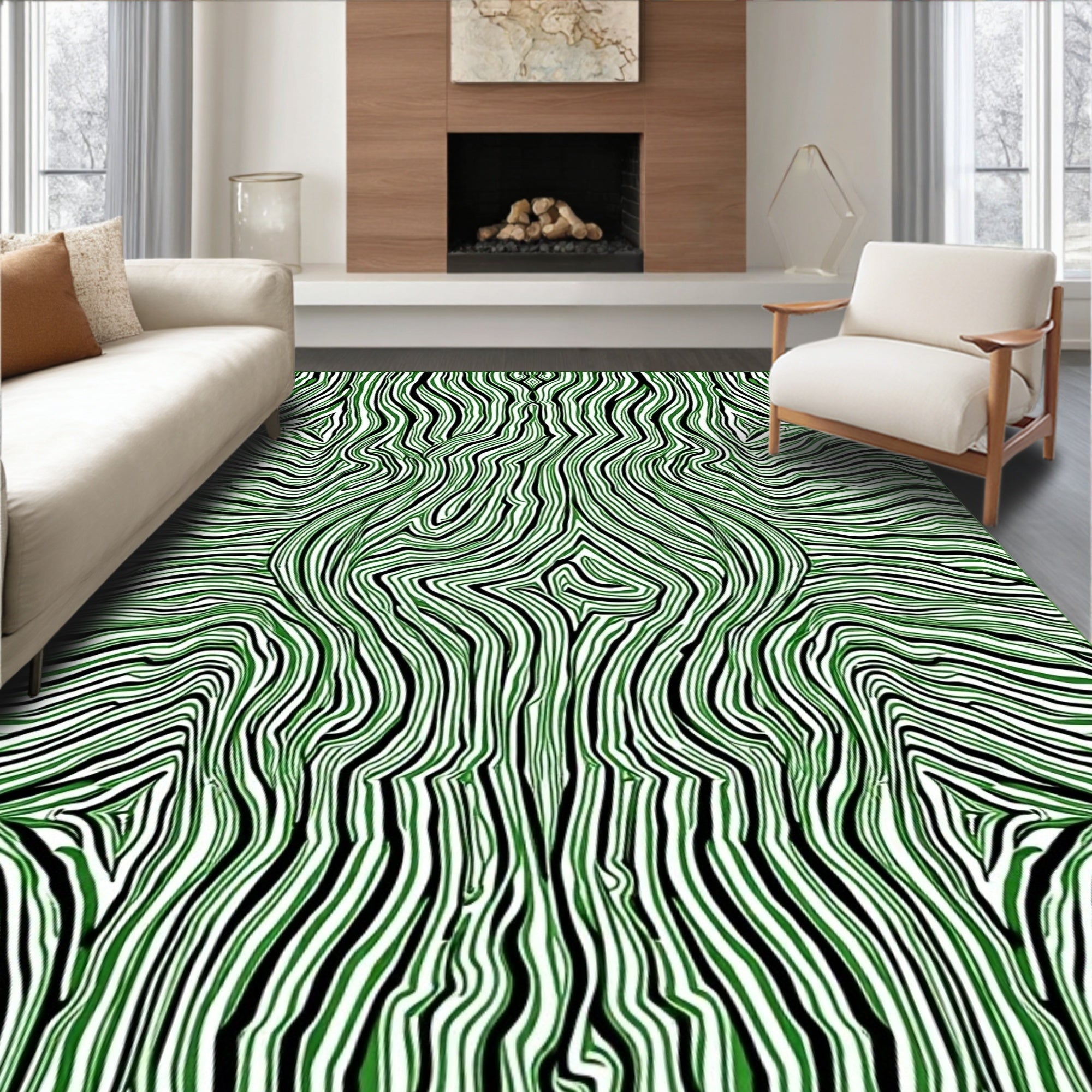 Green And Black Wavy Lines Rug