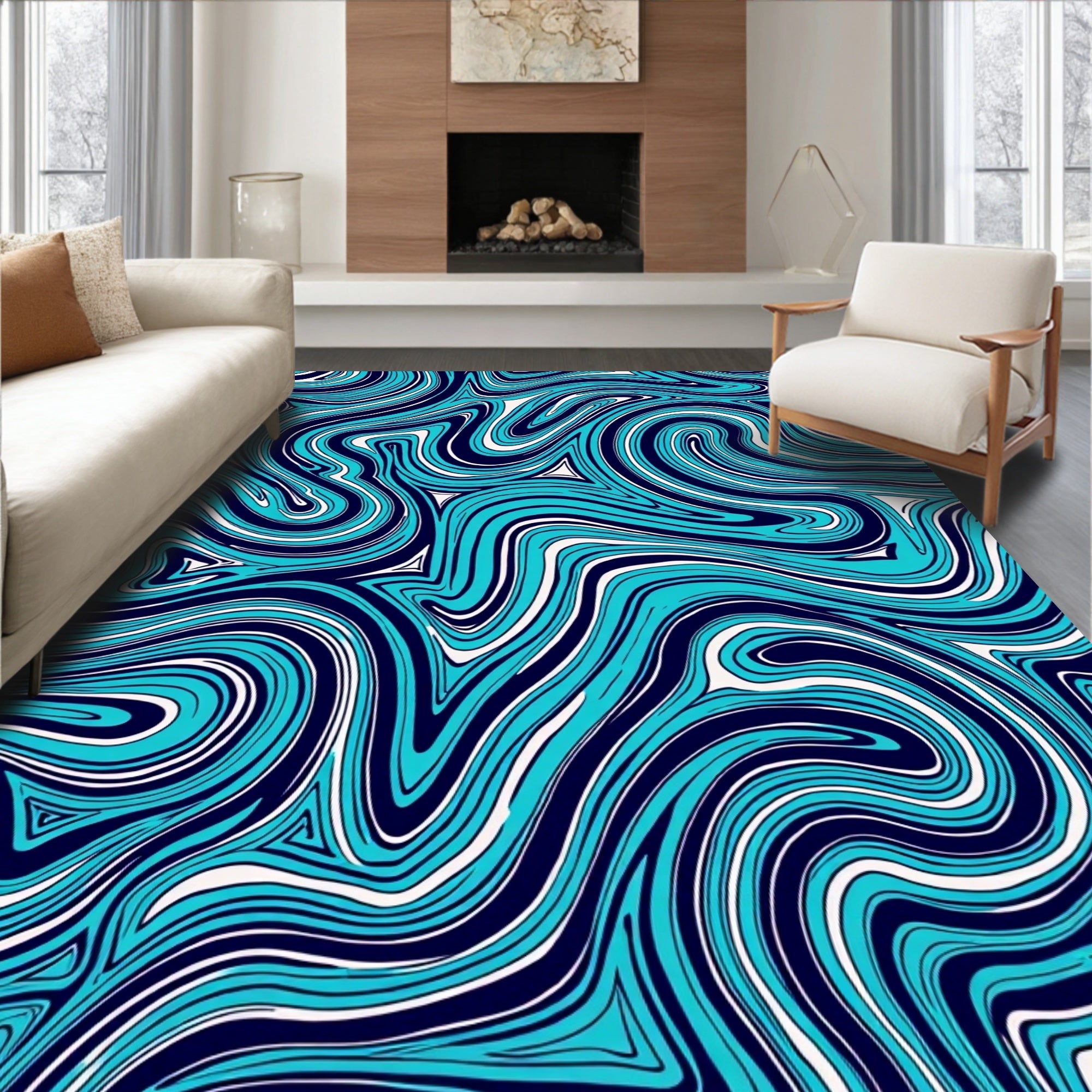 Dynamic Teal Swirl Abstract Rug