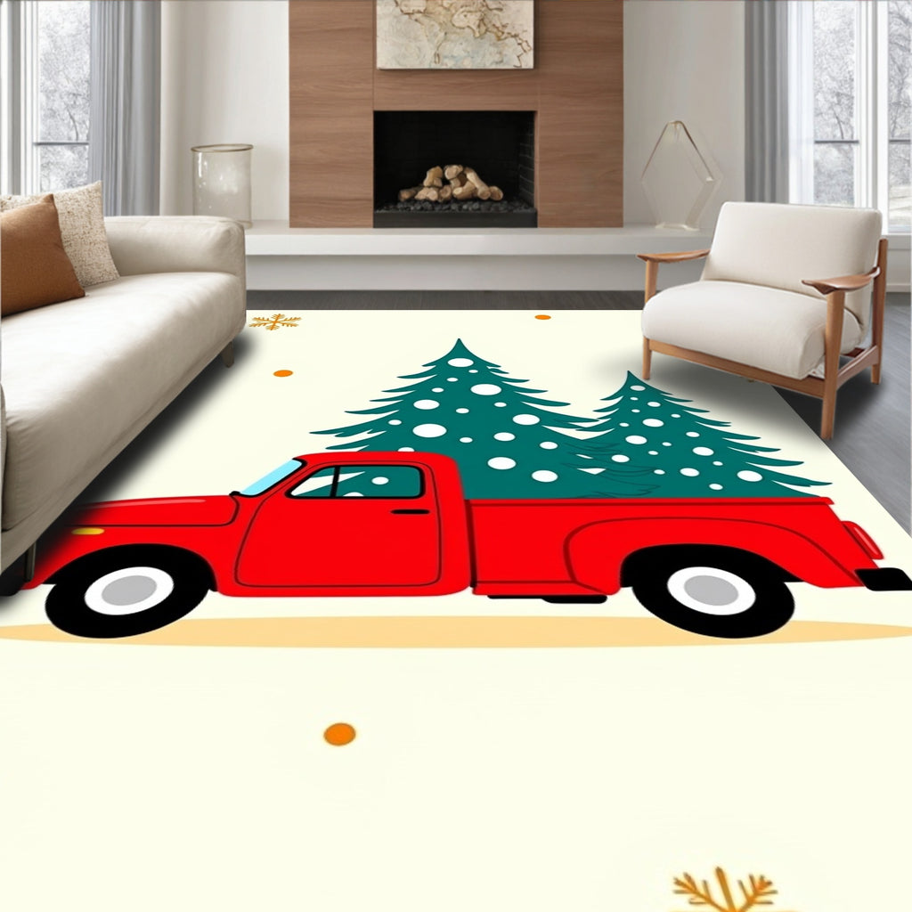 Red Truck Christmas Tree Snowflakes Rug