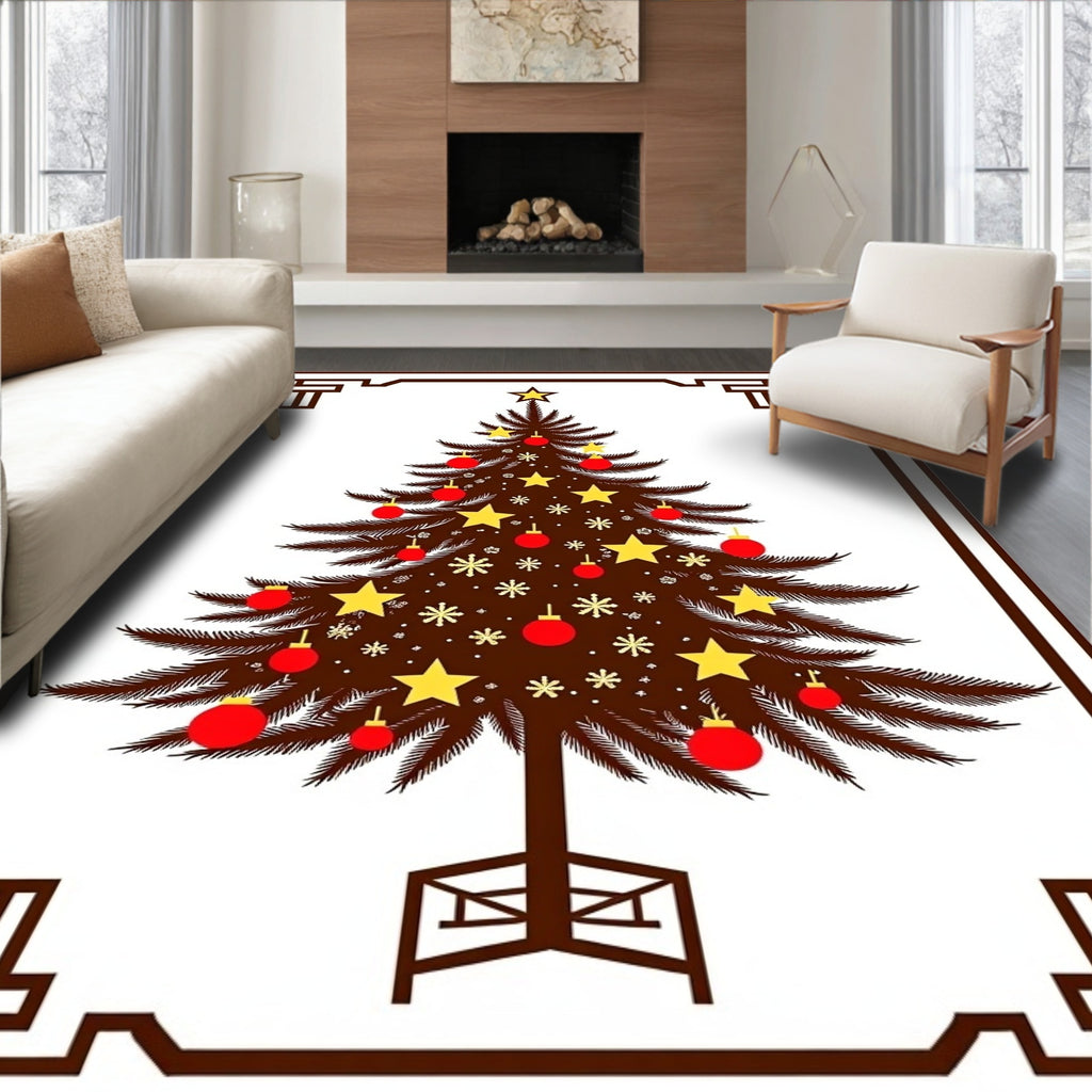 Brown Christmas Tree with Red Ornaments Rug