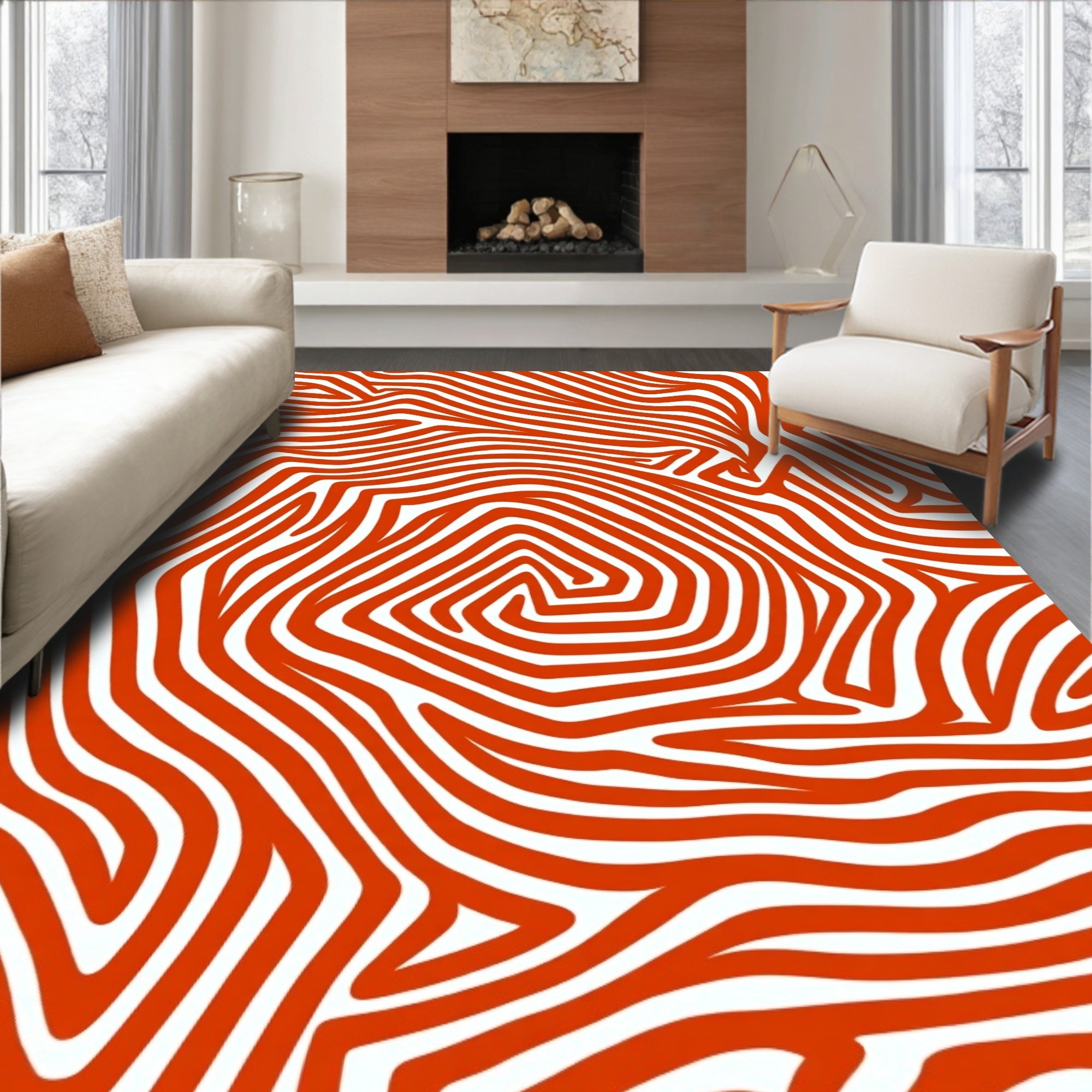 Crimson White Wavy Line Abstract Rug