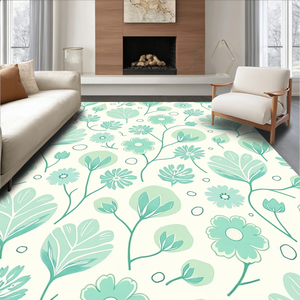 Muted Green Floral Illustration Rug