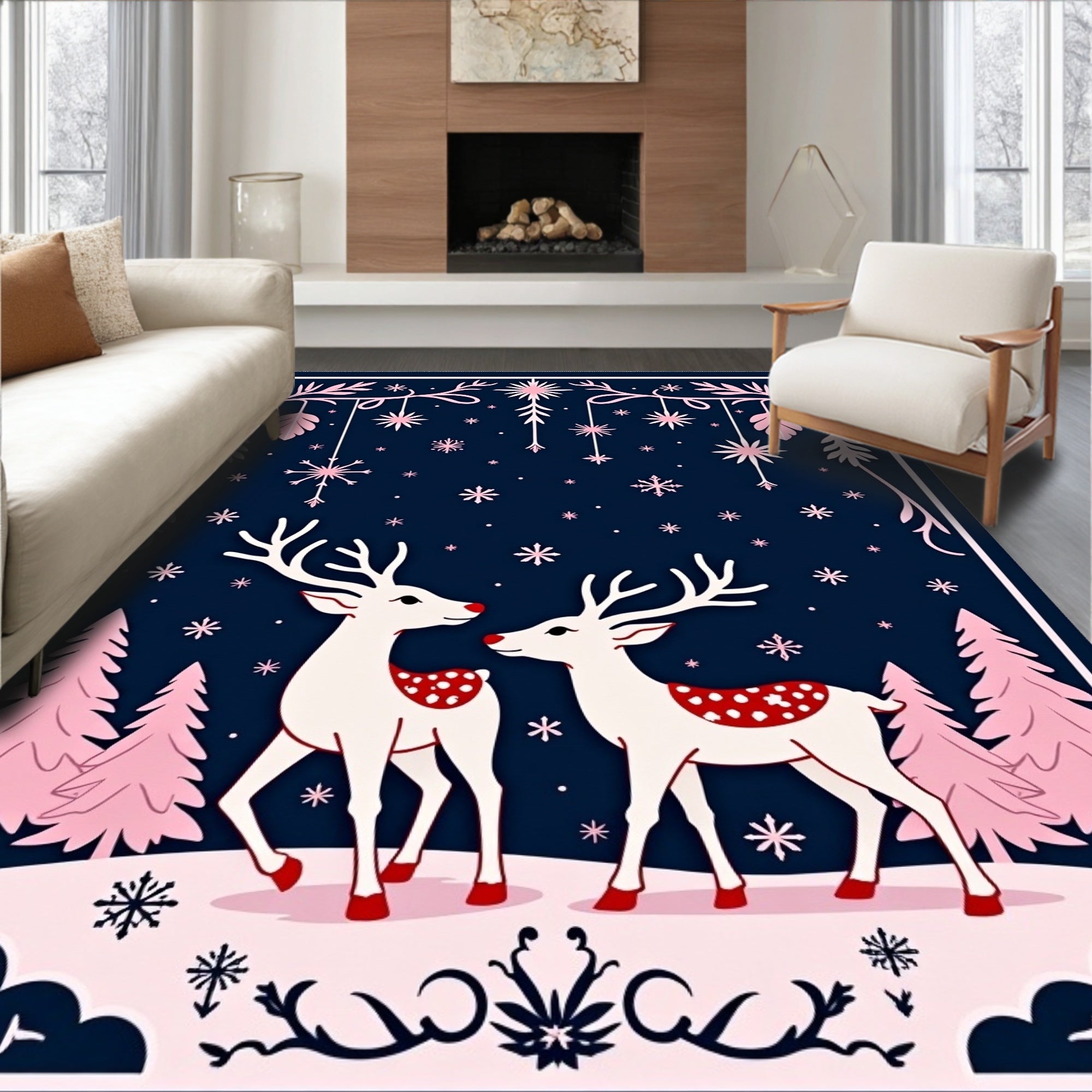 Winter Deer Reindeer Snowflakes Navy Rug