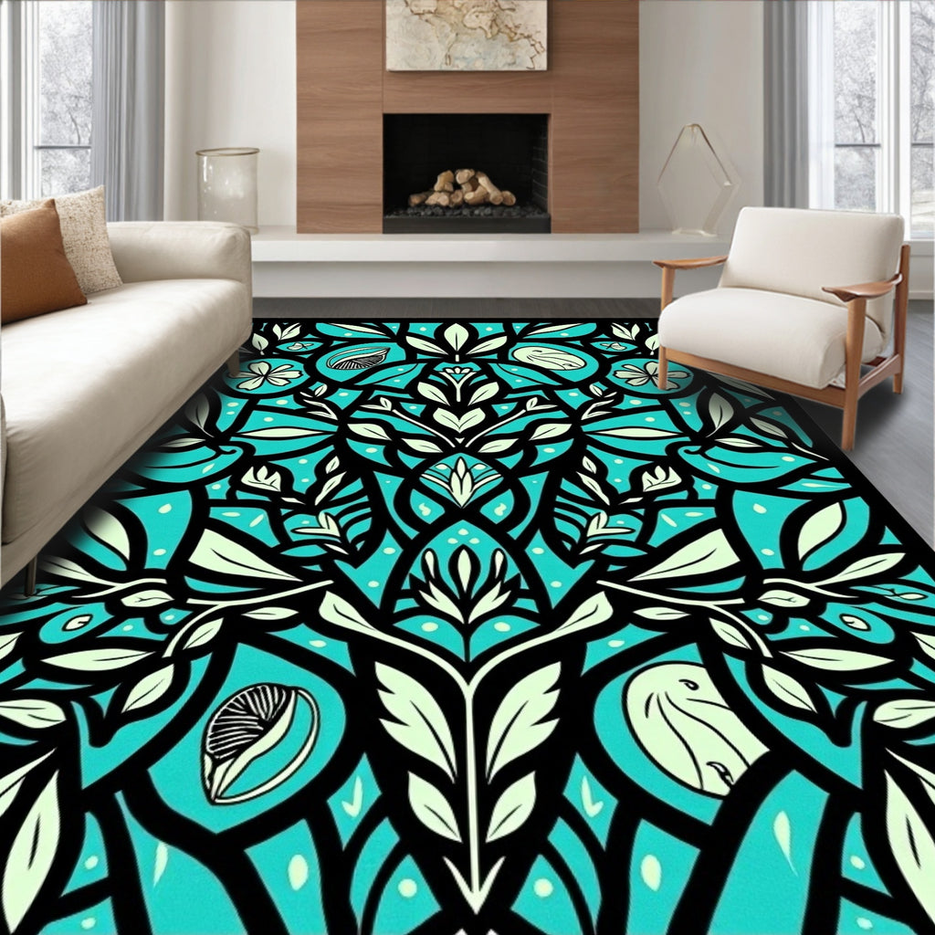 Teal Floral Symmetry Art Deco Rug