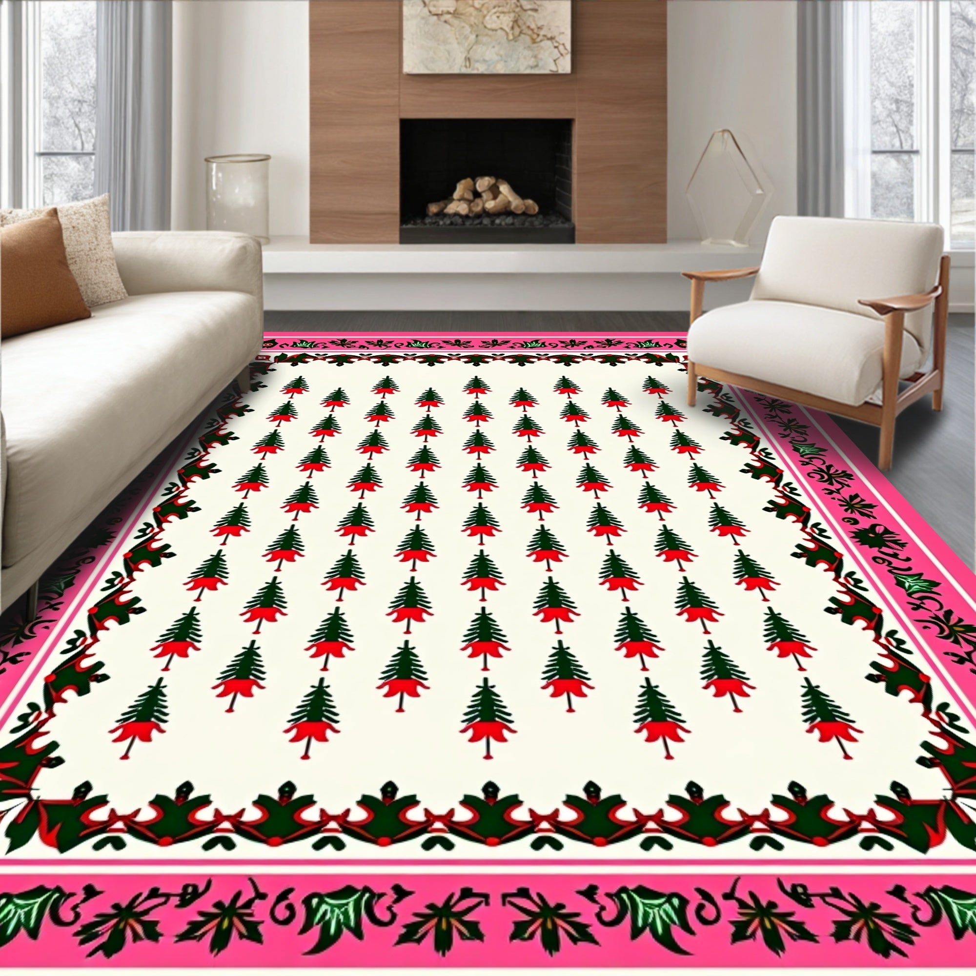 Whimsical Evergreen Trees Pink Border Rug