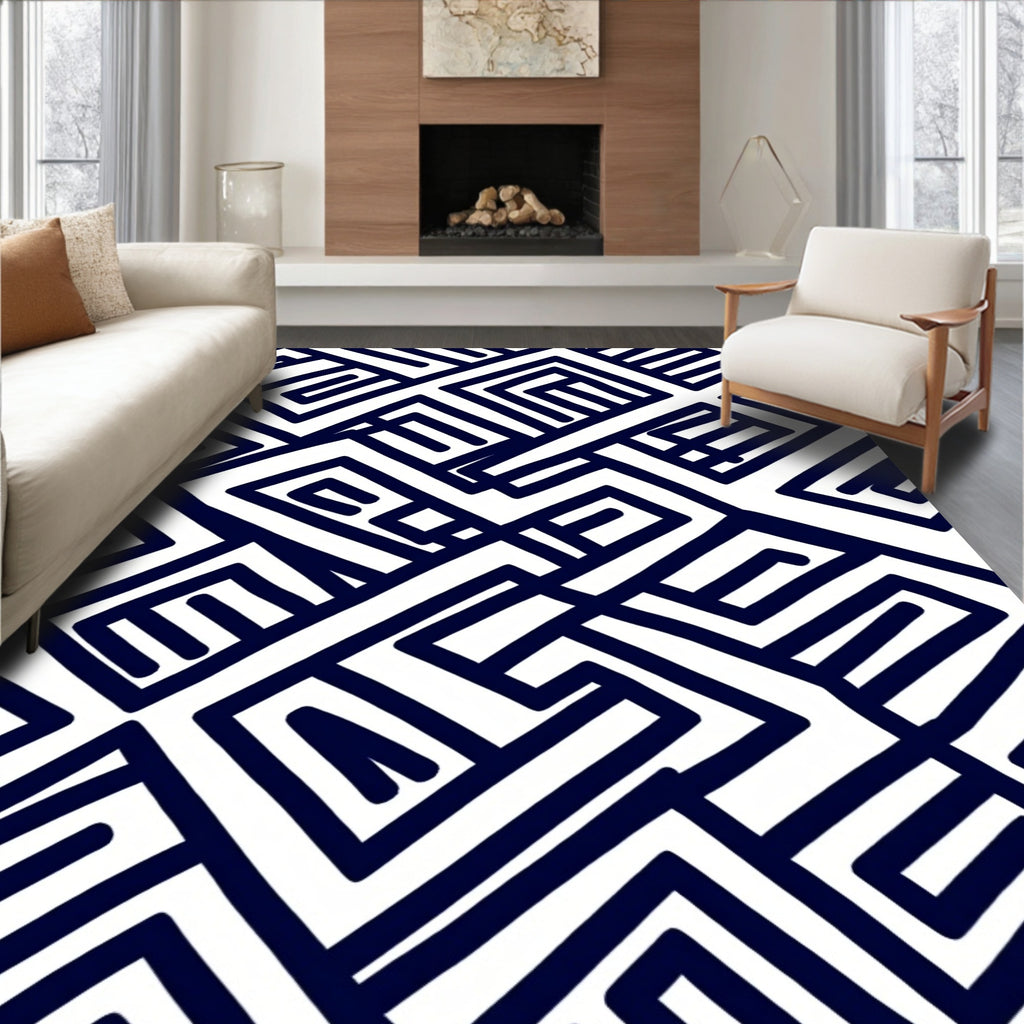 Navy Blue Geometric Maze Harmony Rug