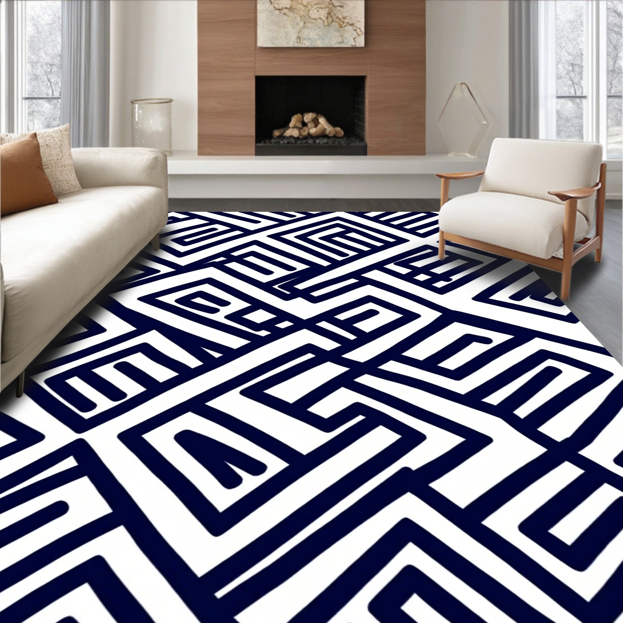Navy Blue Geometric Maze Harmony Rug