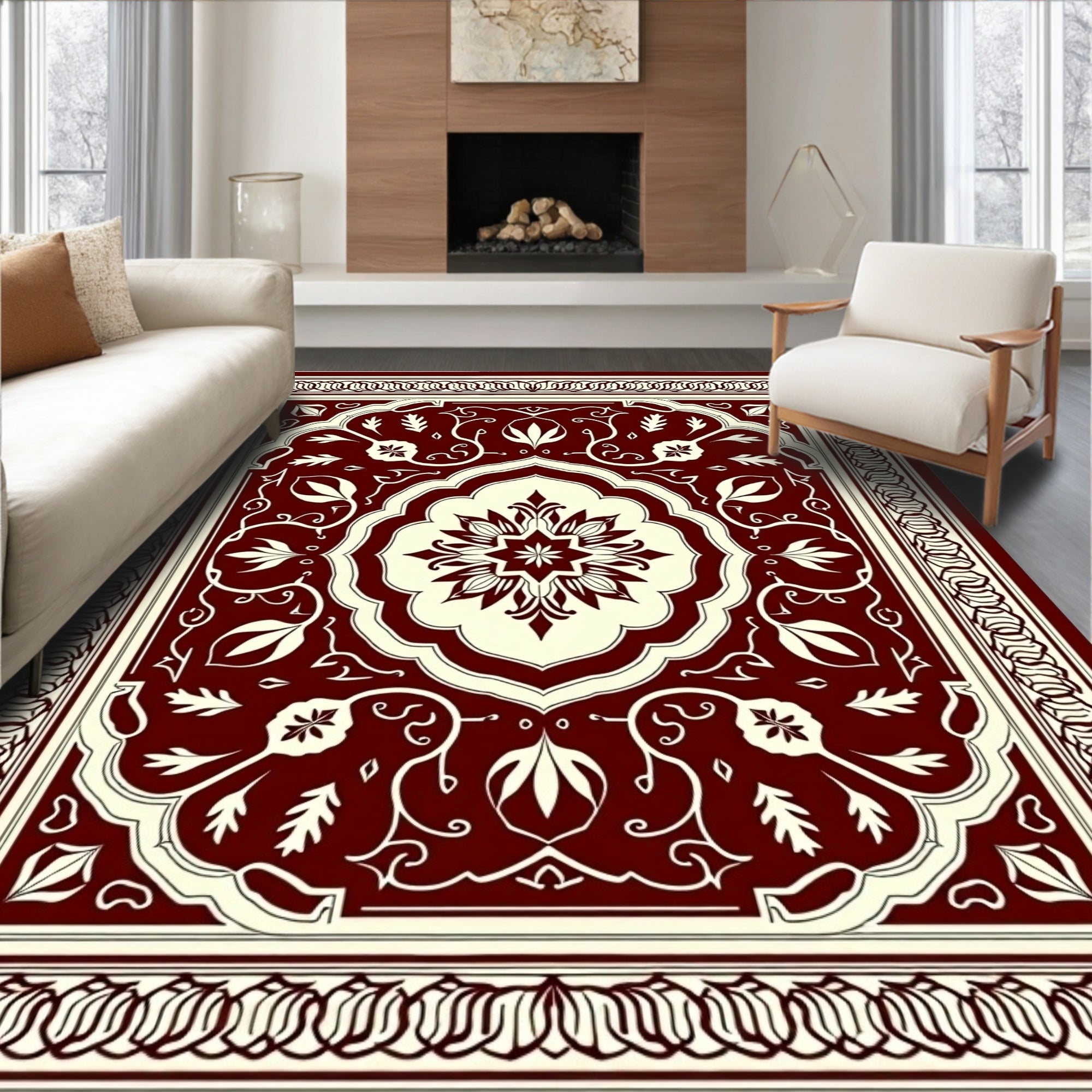 Crimson Cream Floral Medallion Border Rug