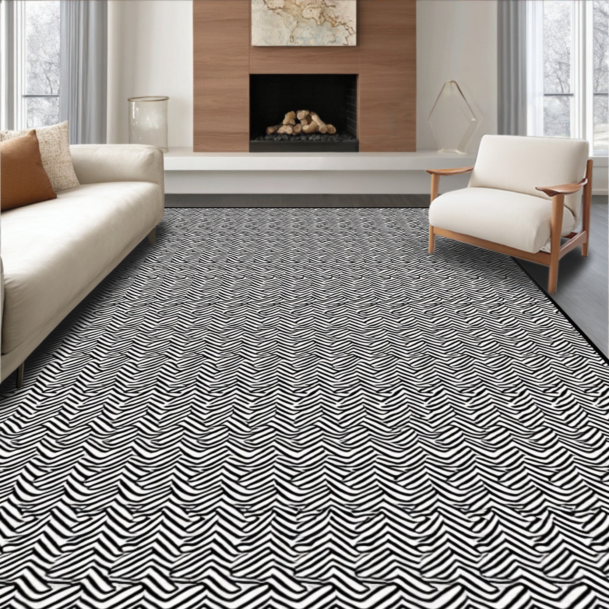 Monochrome Wavy Stripe Overlay Rug