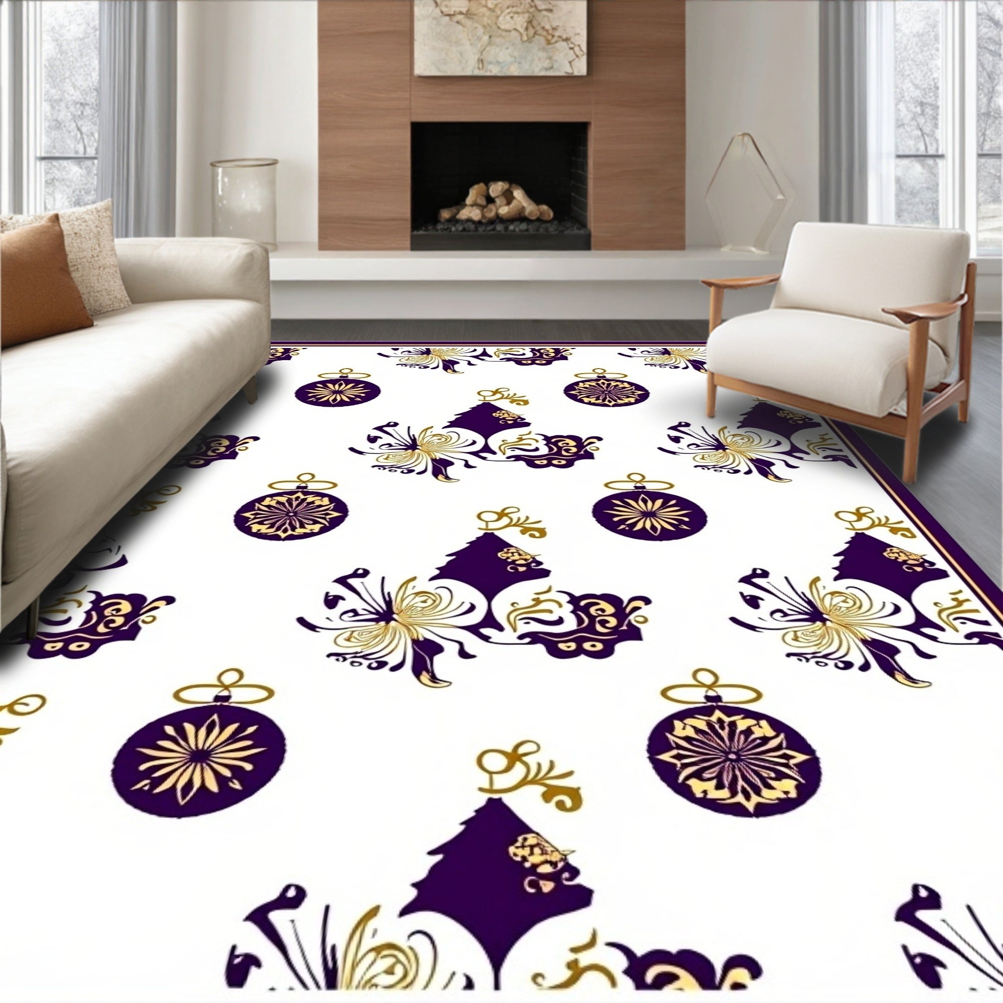 Elegant Purple Gold Ornament Tree Garland Rug