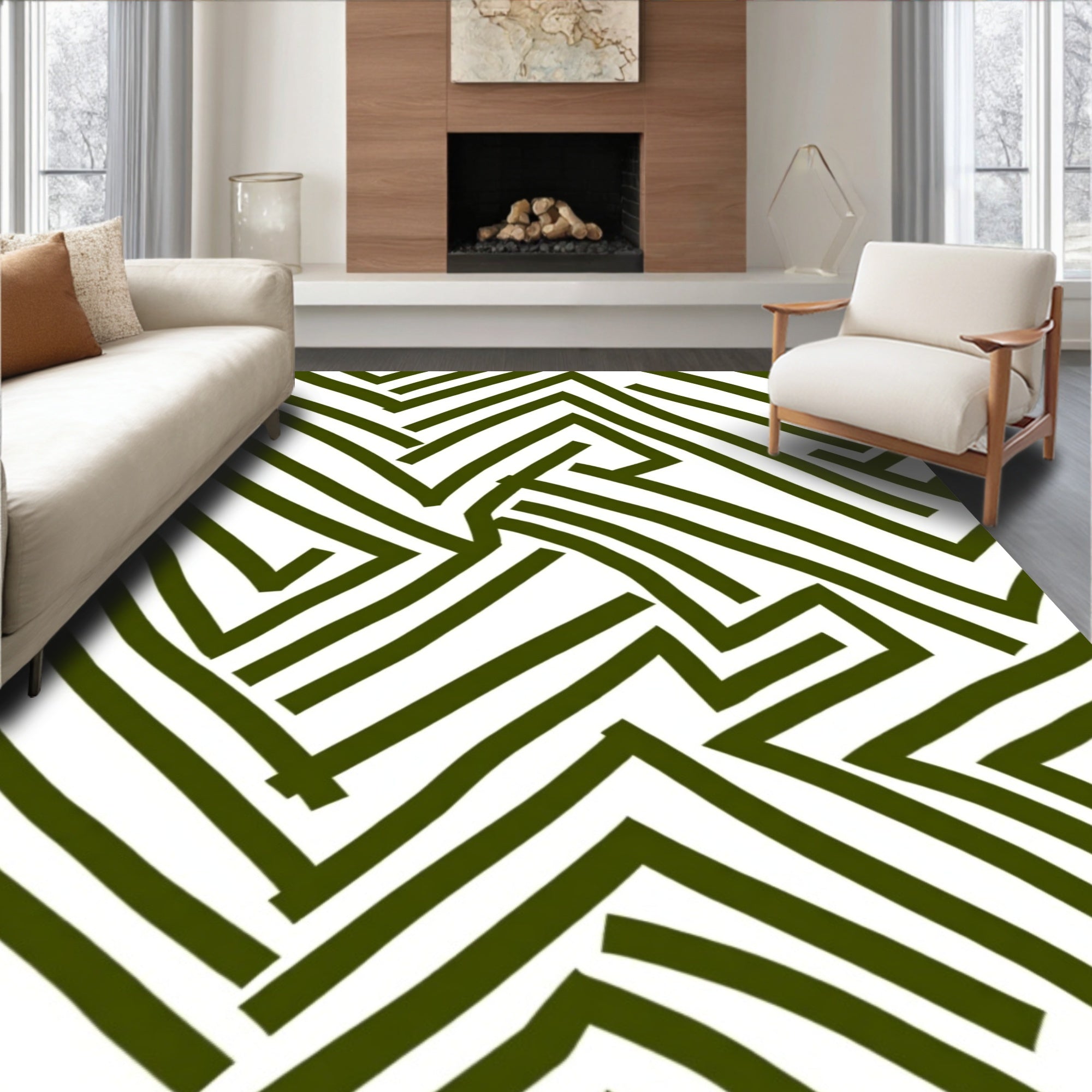 Olive Green Abstract Chevron Lines Rug