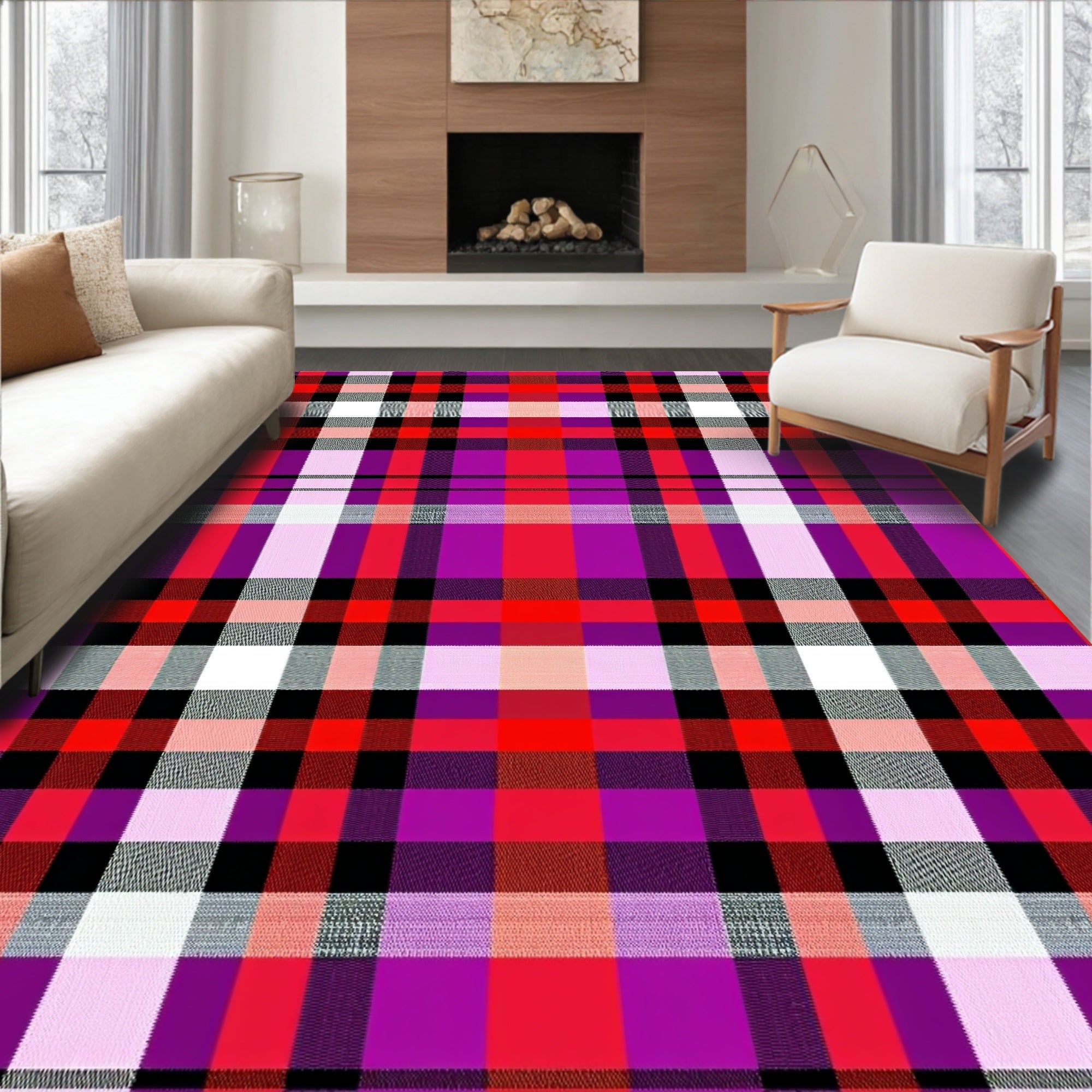 Vibrant Red Pink Plaid Squares Rug