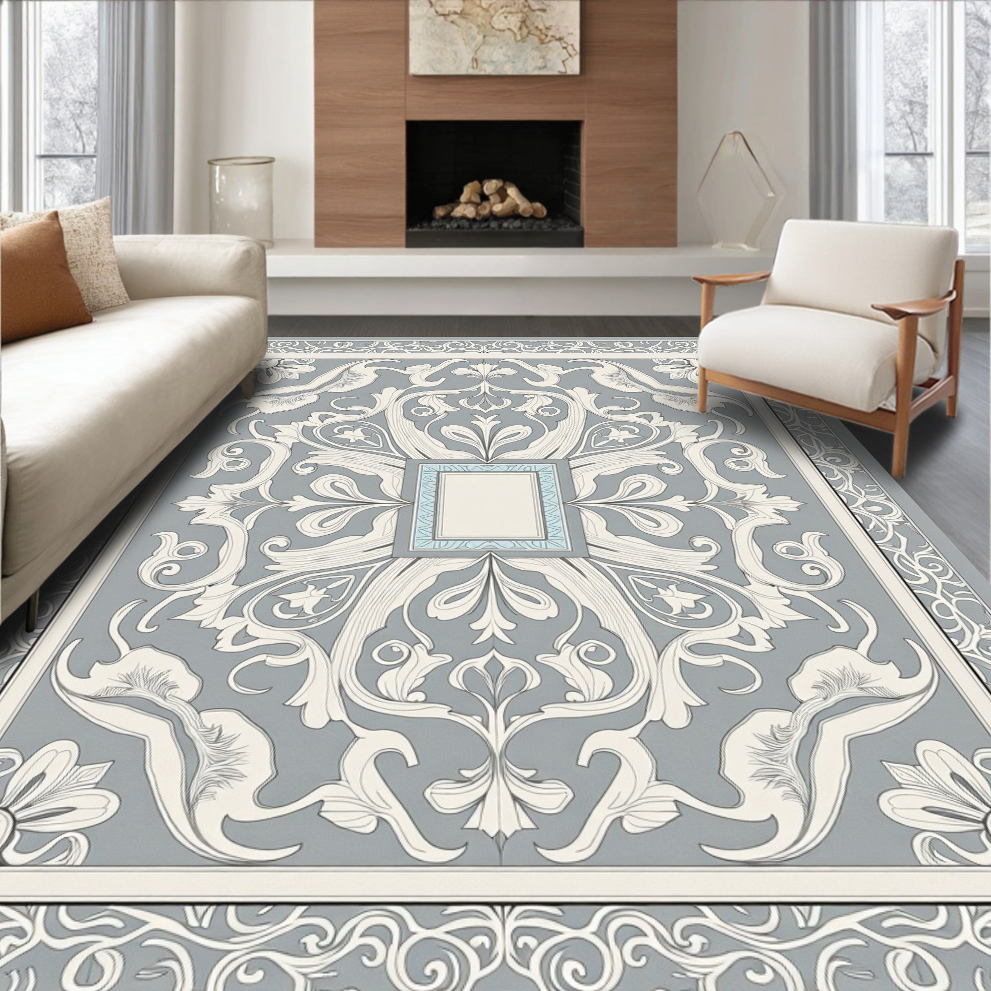 Elegant Gray Floral Scroll Artwork Rug