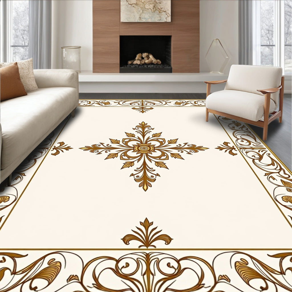 Elegant Gold Scrollwork Floral Medallion Rug