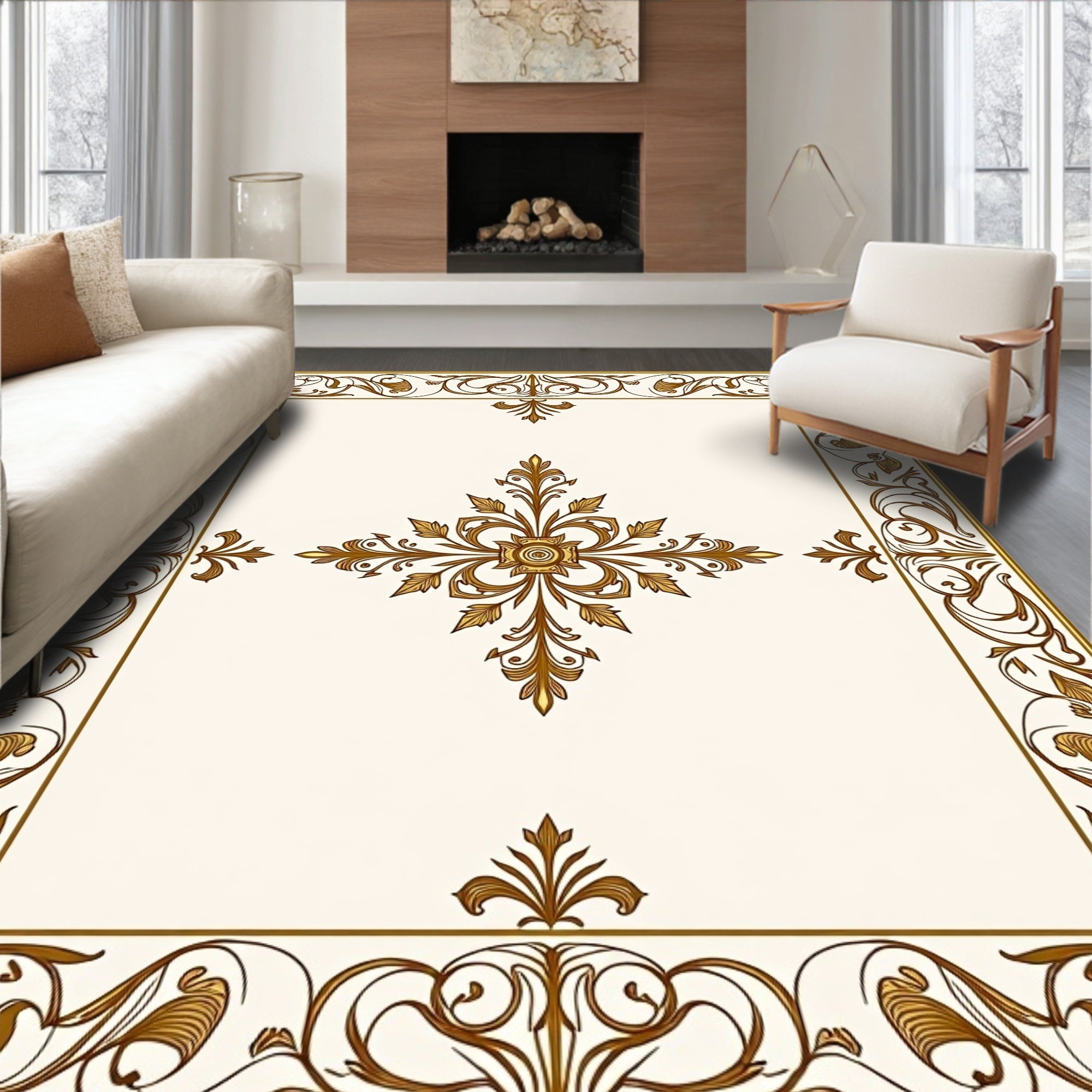 Elegant Gold Scrollwork Floral Medallion Rug