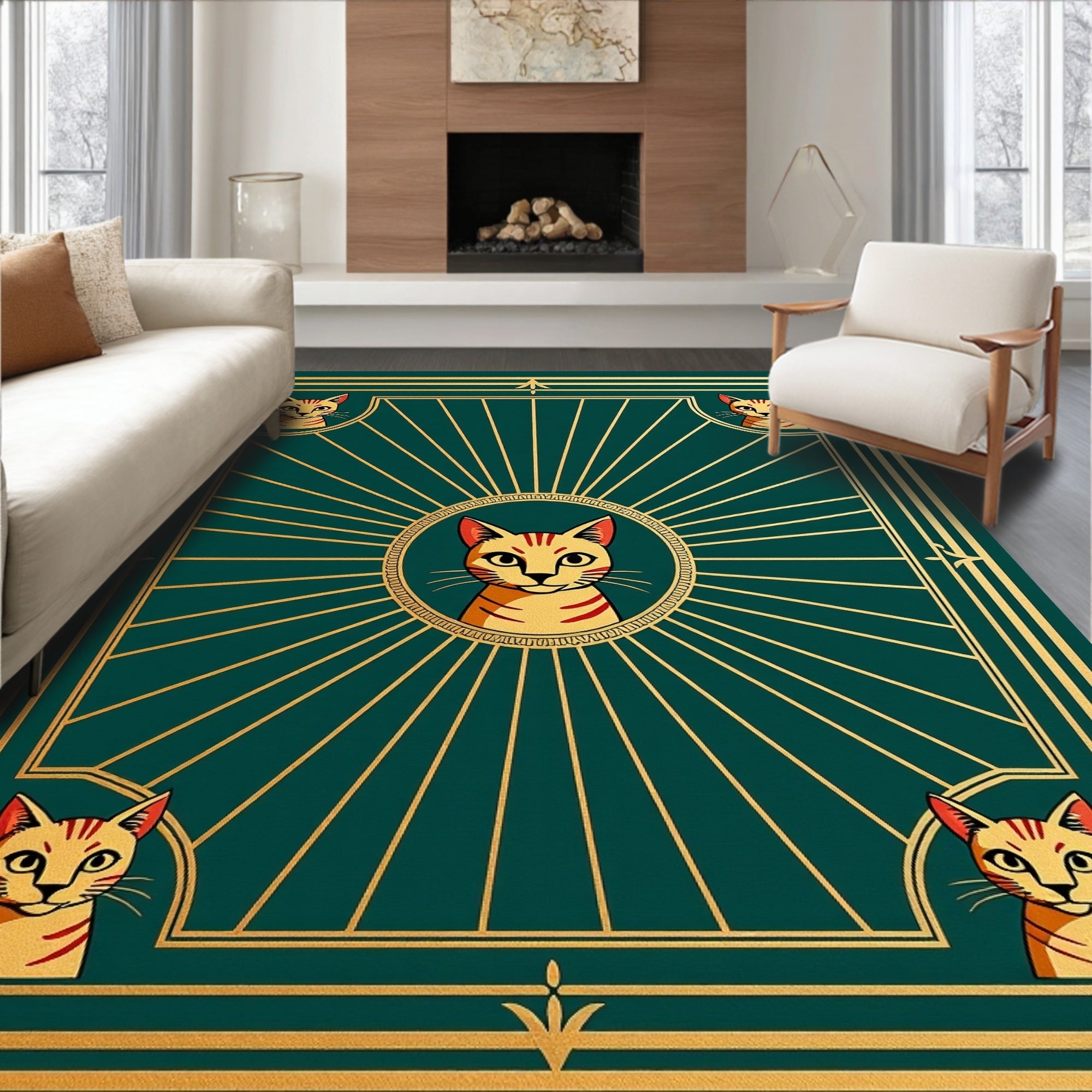 Golden Cat Sunburst Art Deco Rug