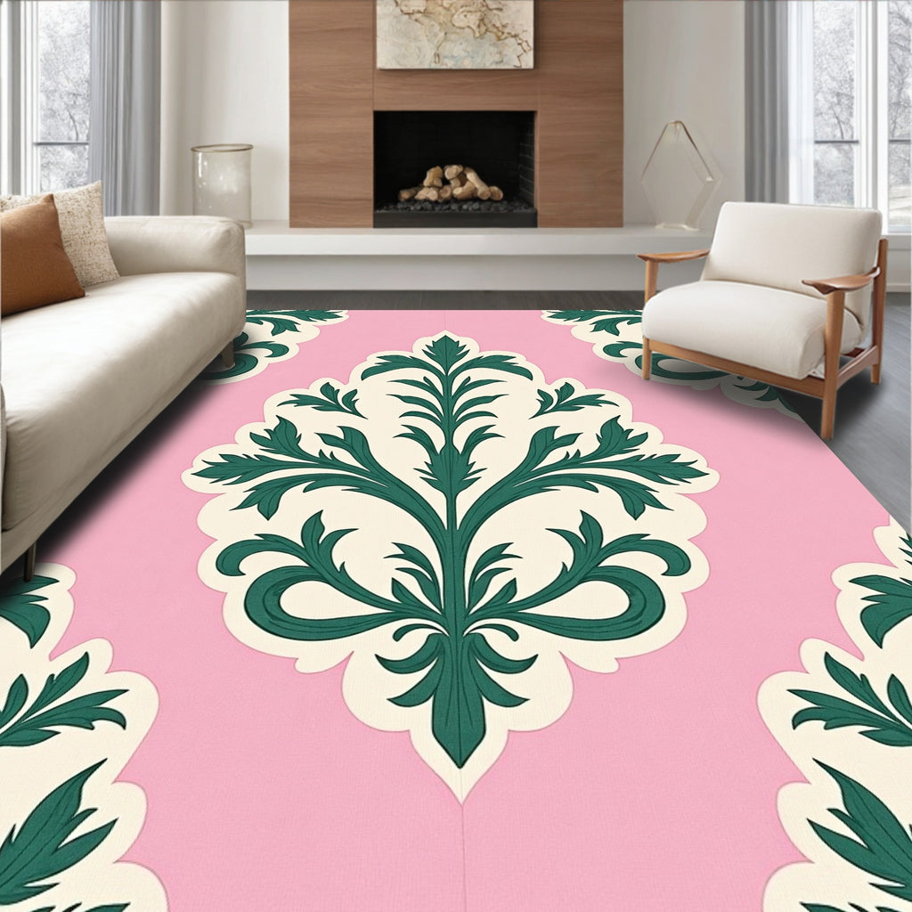 Pink Cream Green Damask Floral Accent Rug