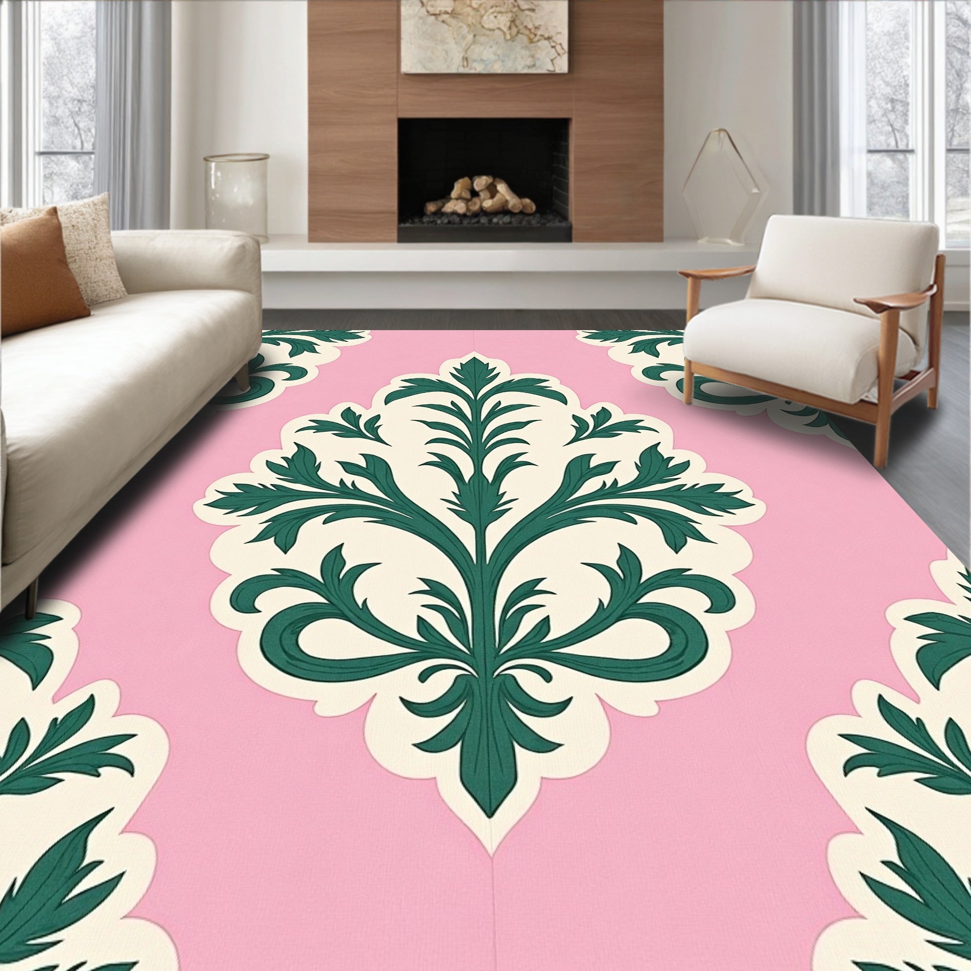 Pink Cream Green Damask Floral Accent Rug