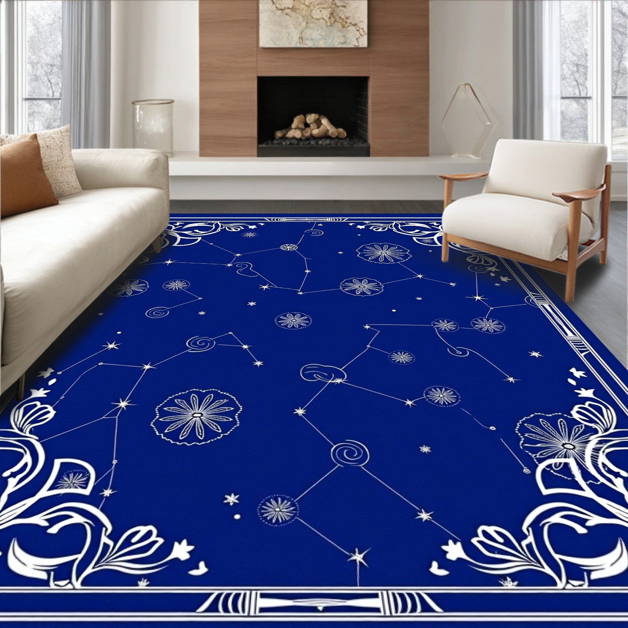 Deep Blue Celestial Star Constellations Rug