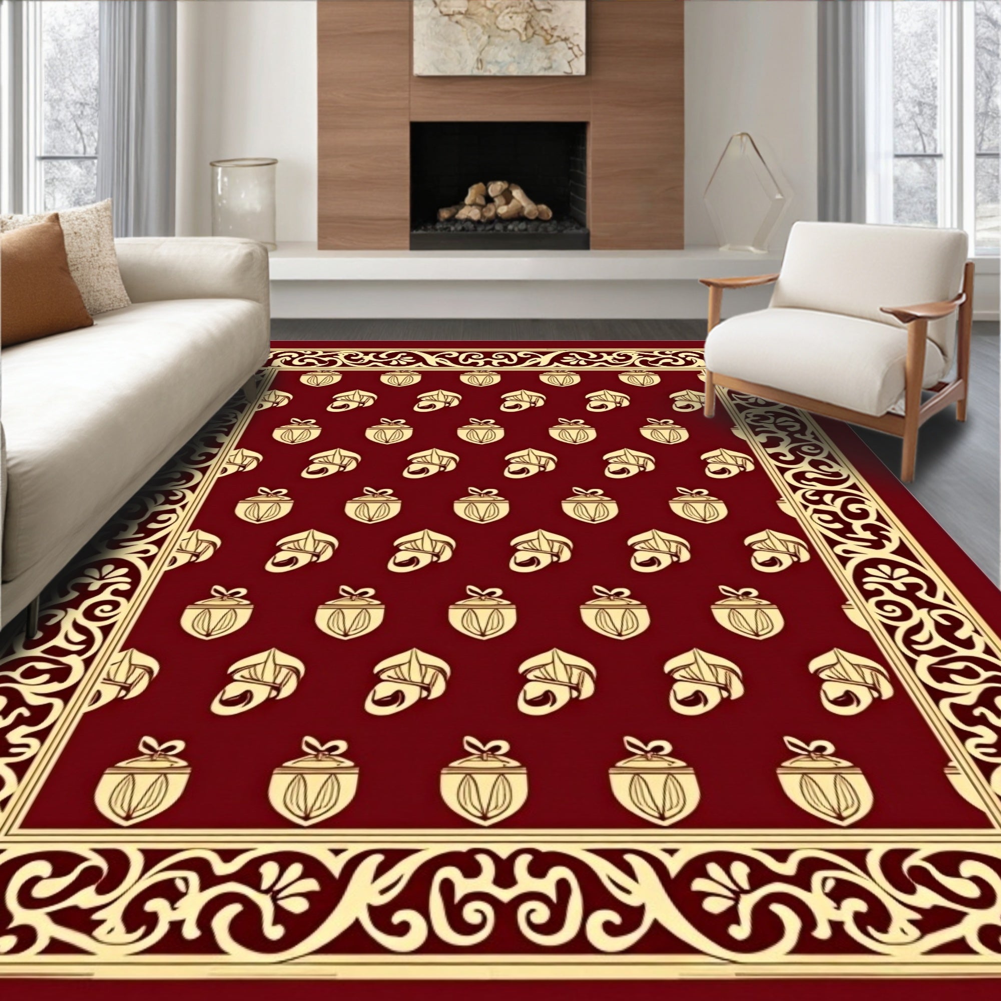 Crimson and Gold Acorn Floral Border Rug