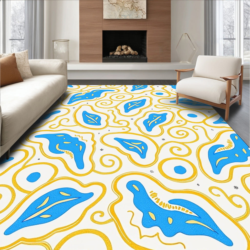 Mid-Century Abstract Blue Yellow Shapes Rug