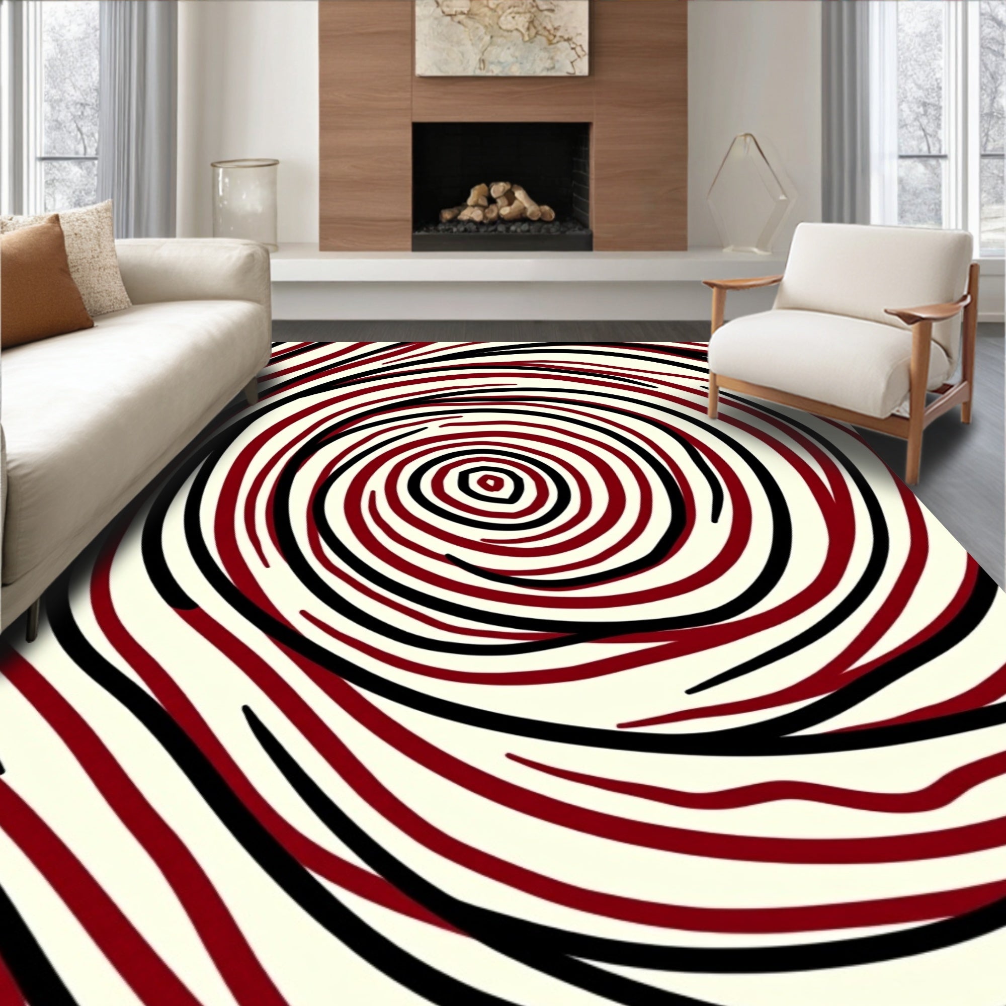 Crimson Black Swirling Concentric Rings Rug