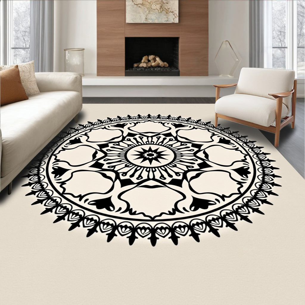 Black Scalloped Medallion Radial Arrangement Rug