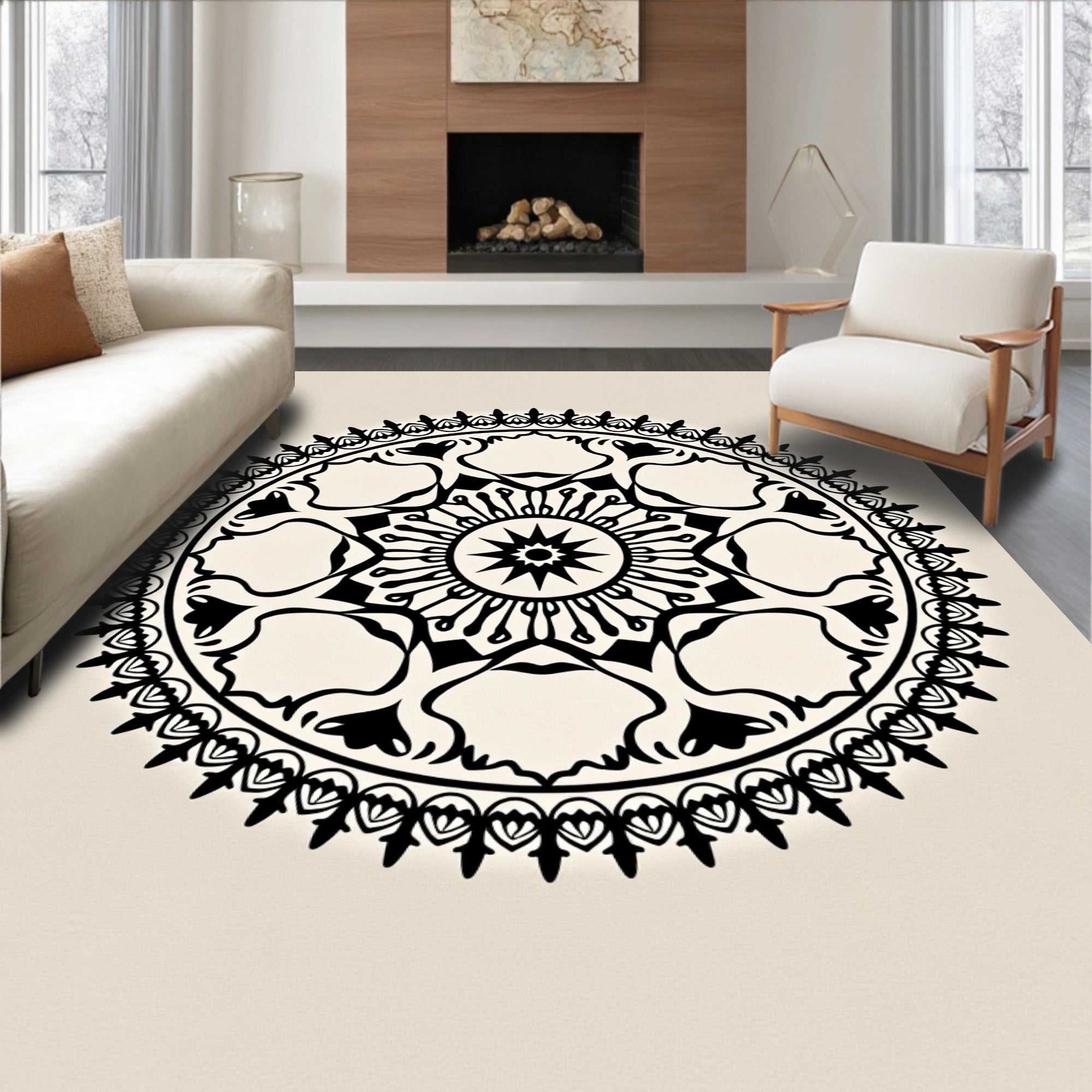 Black Scalloped Medallion Radial Arrangement Rug