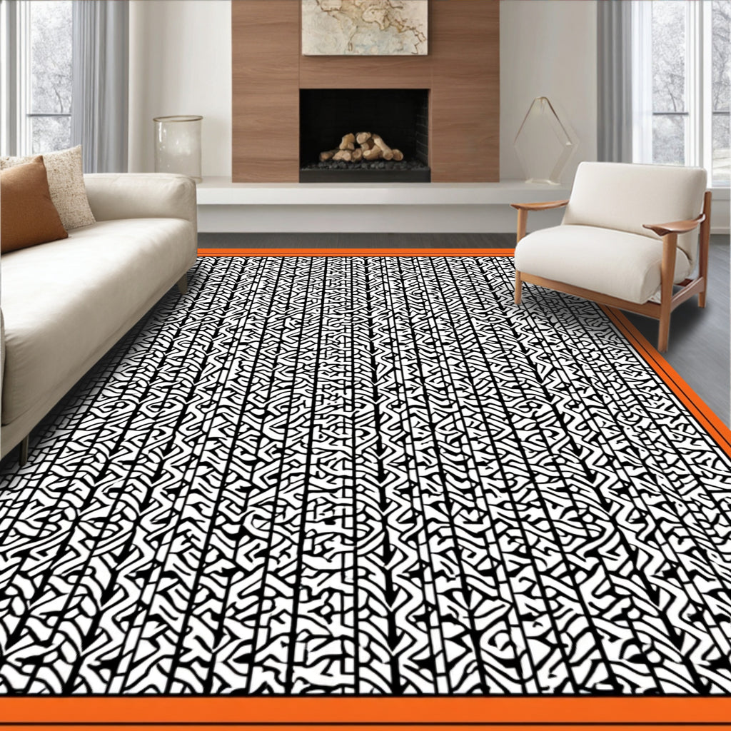 Black White Abstract Vertical Maze Rug