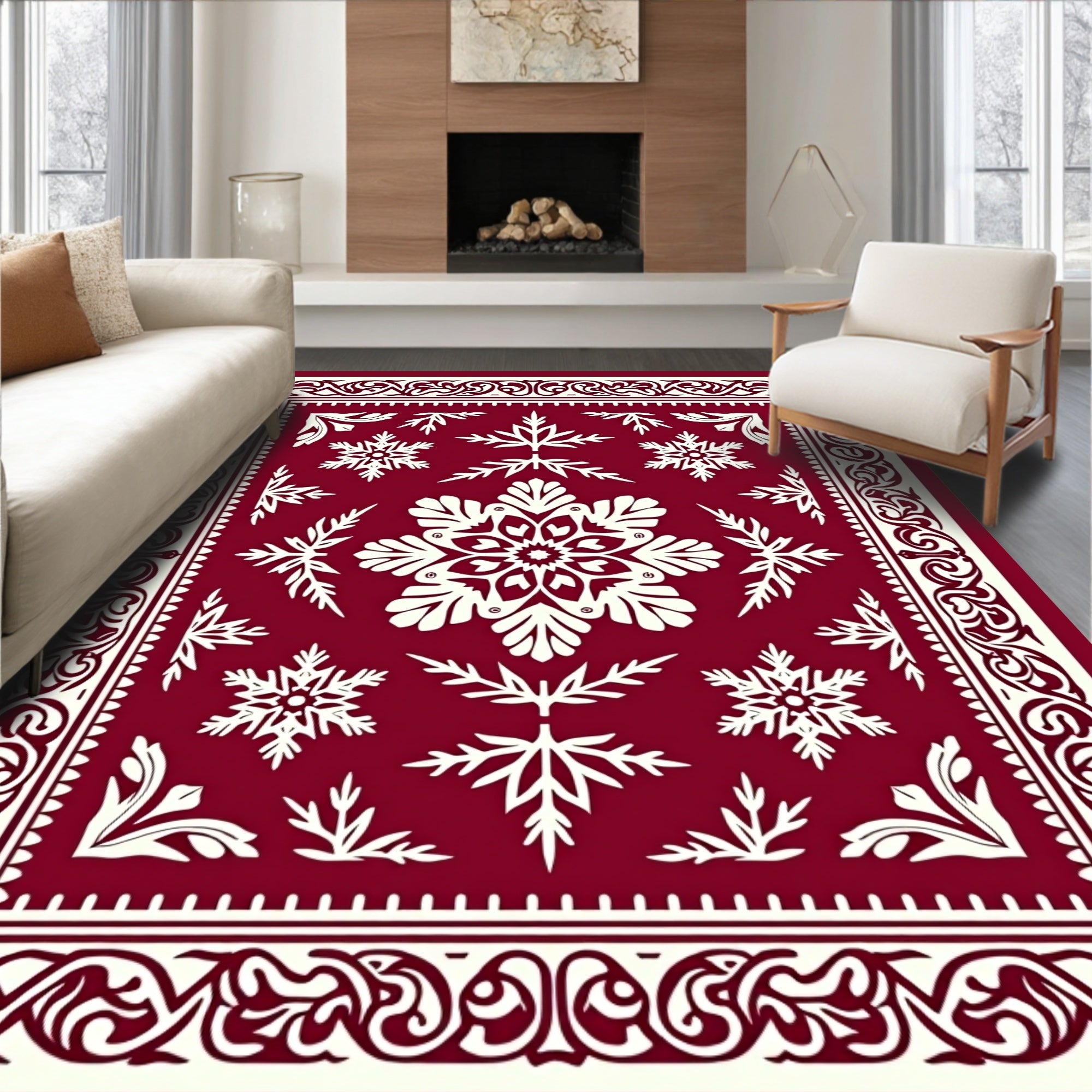 Crimson White Snowflake Flourish Rug